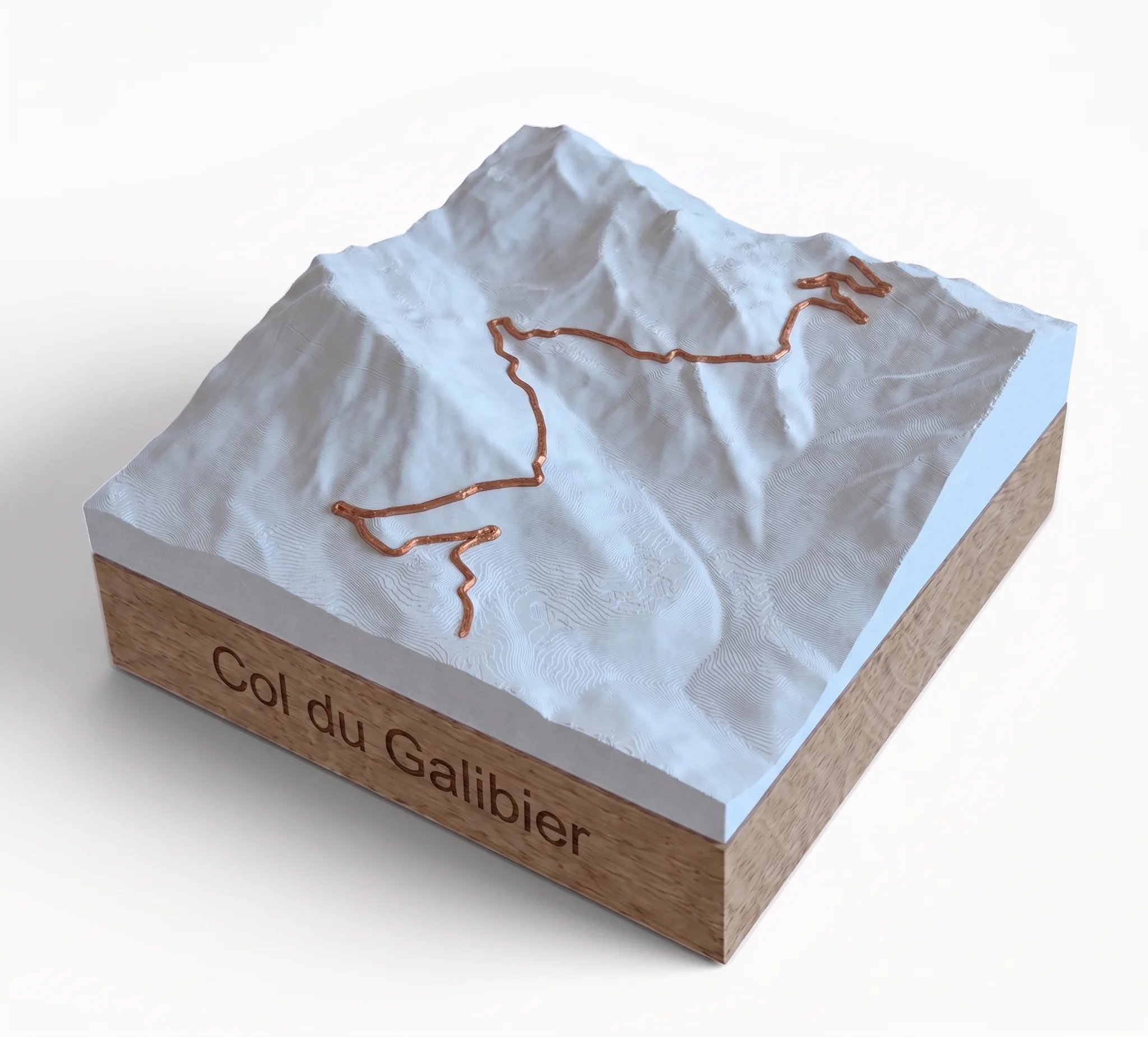 Col du Galibier - Carte 3D relief — Socle carré · Blanc mat / Cuivre