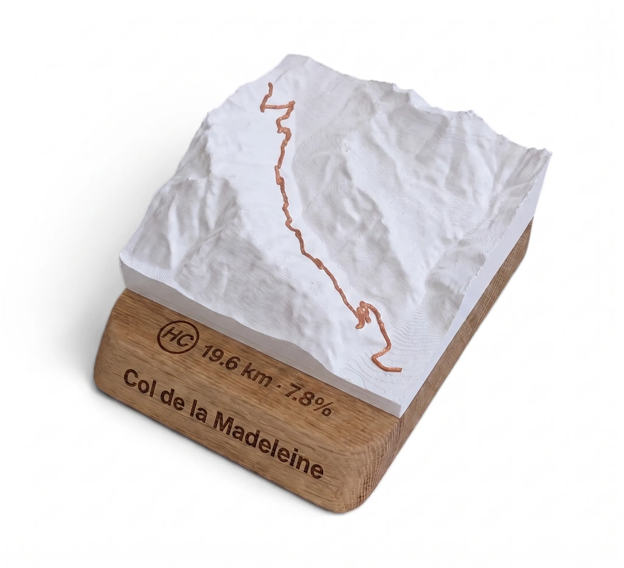 3D relief topographic map of Col de la Madeleine with engraved oak base, made in France