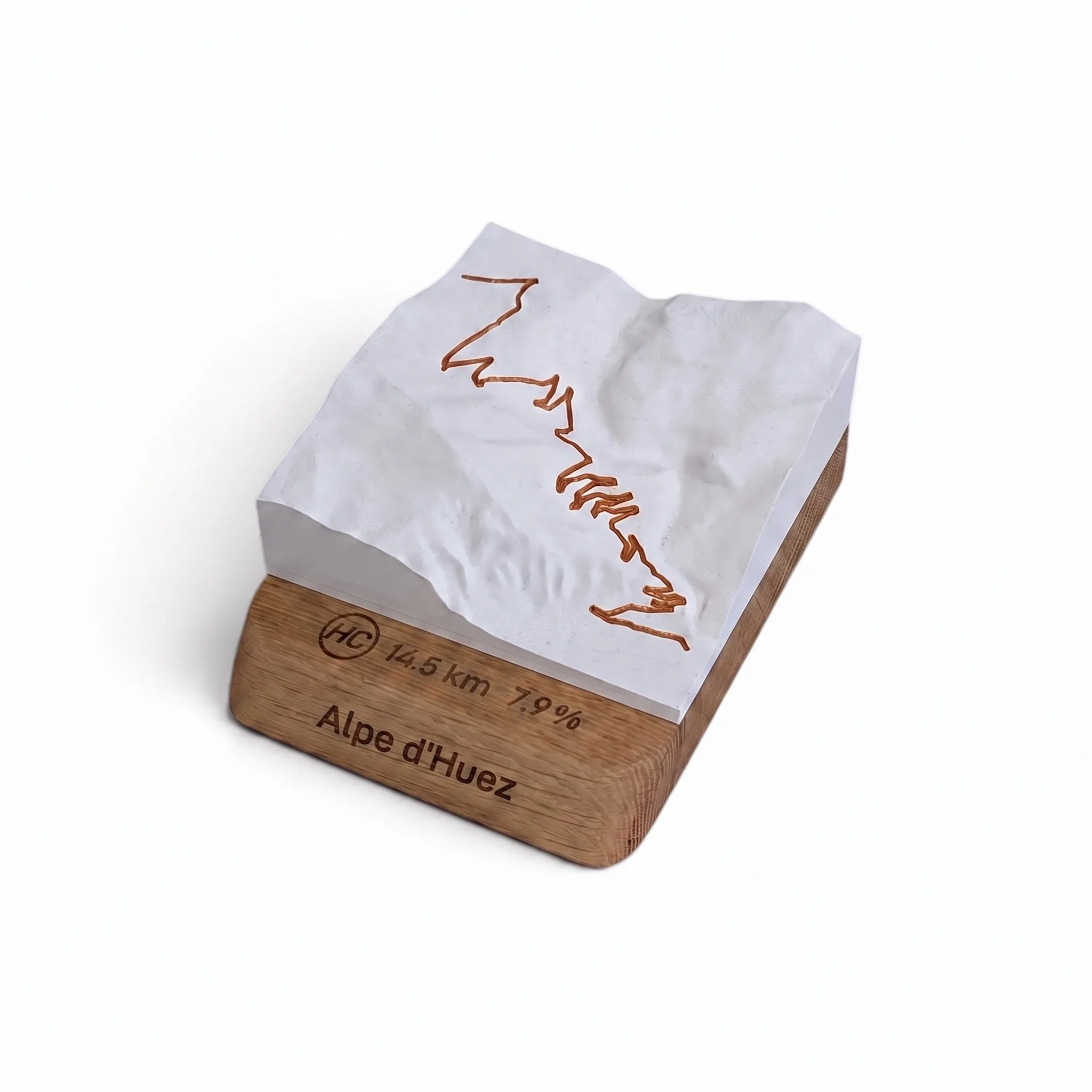 Carte 3D Alpe d'Huez – Trophée topographique relief du col mythique — Socle arrondi · Blanc mat / Cuivre