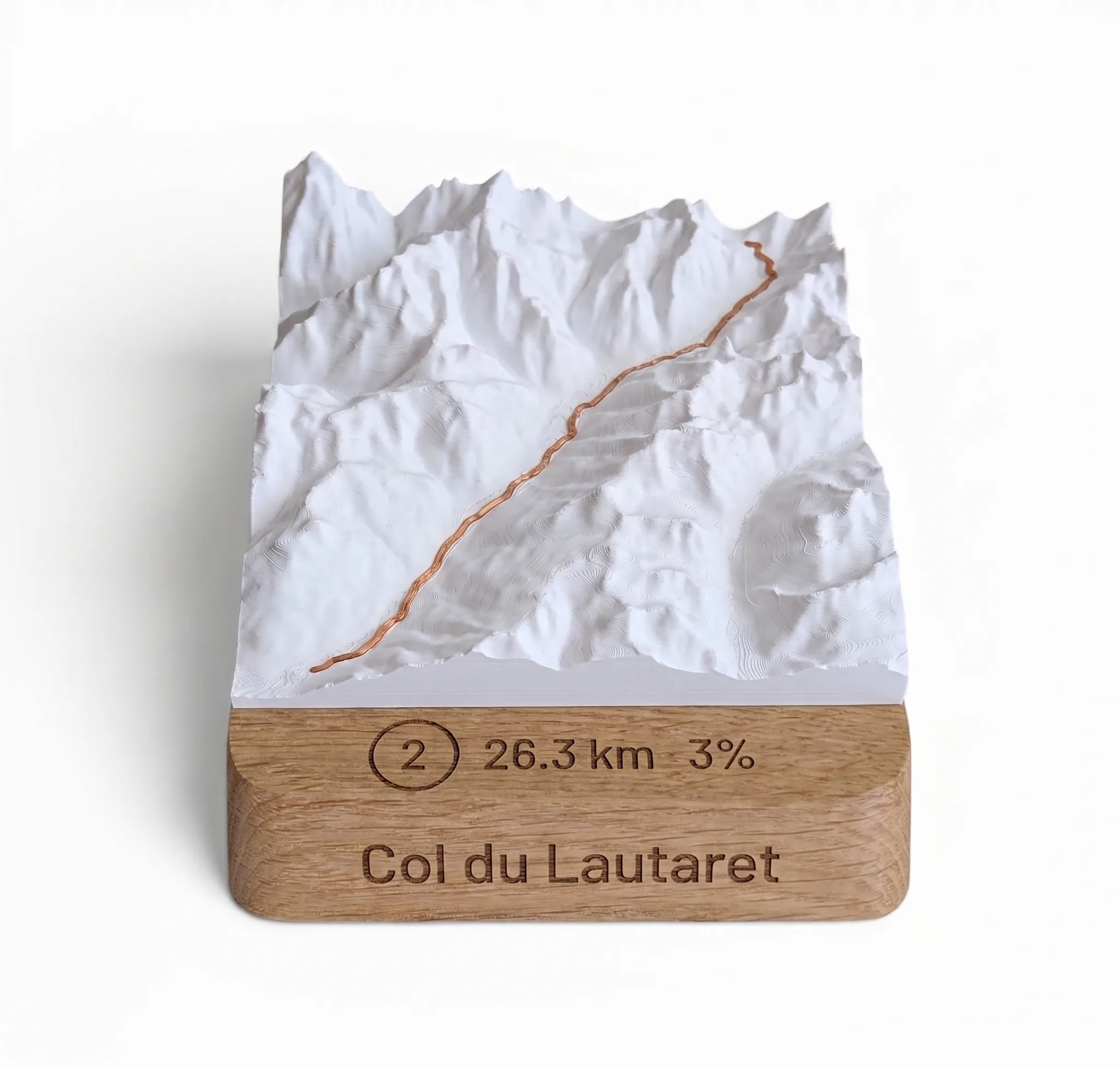 Mapa 3D en relieve del Col du Lautaret desde Briançon, base de roble grabada, trofeo ciclista fabricado en Francia