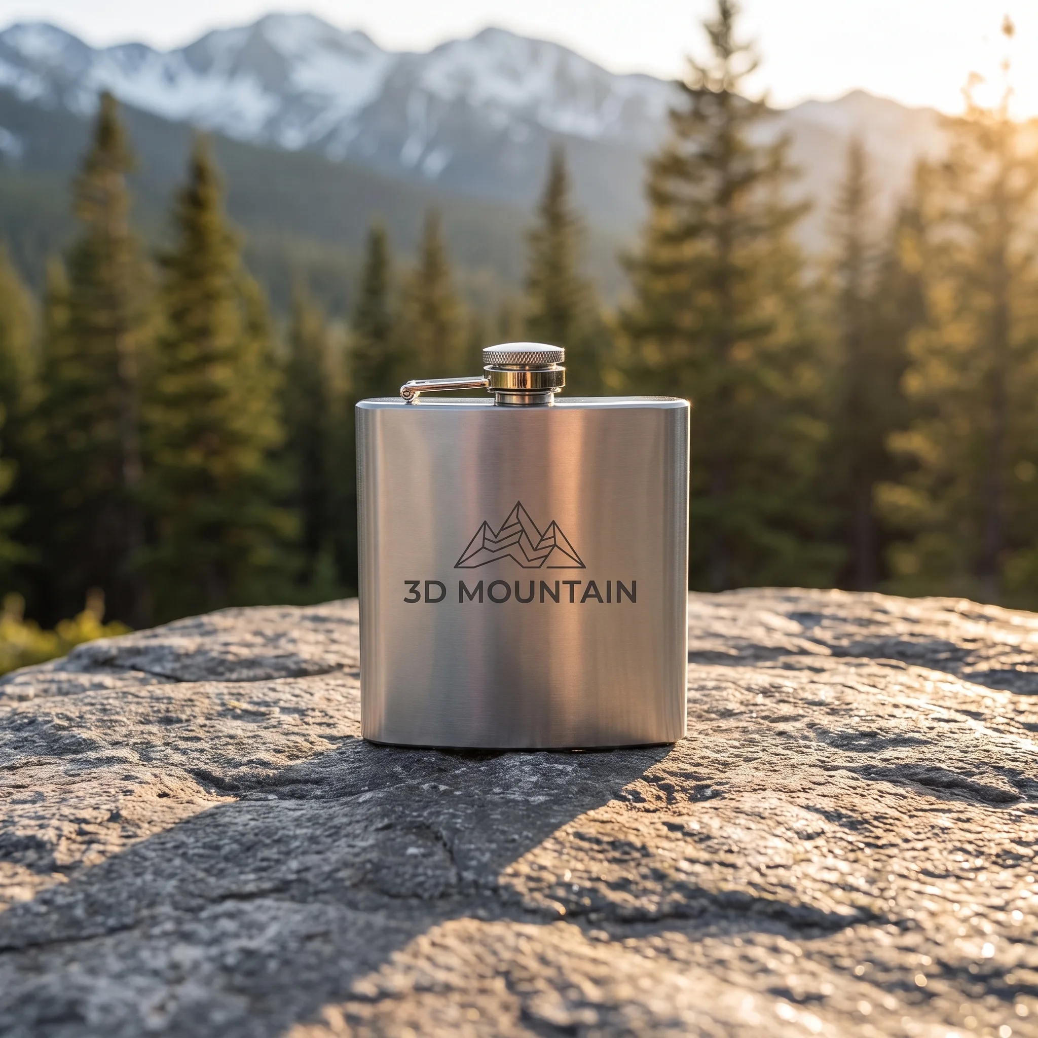 Flasque inox personnalisée gravée laser posée sur un rocher avec paysage de montagne et forêt de pins