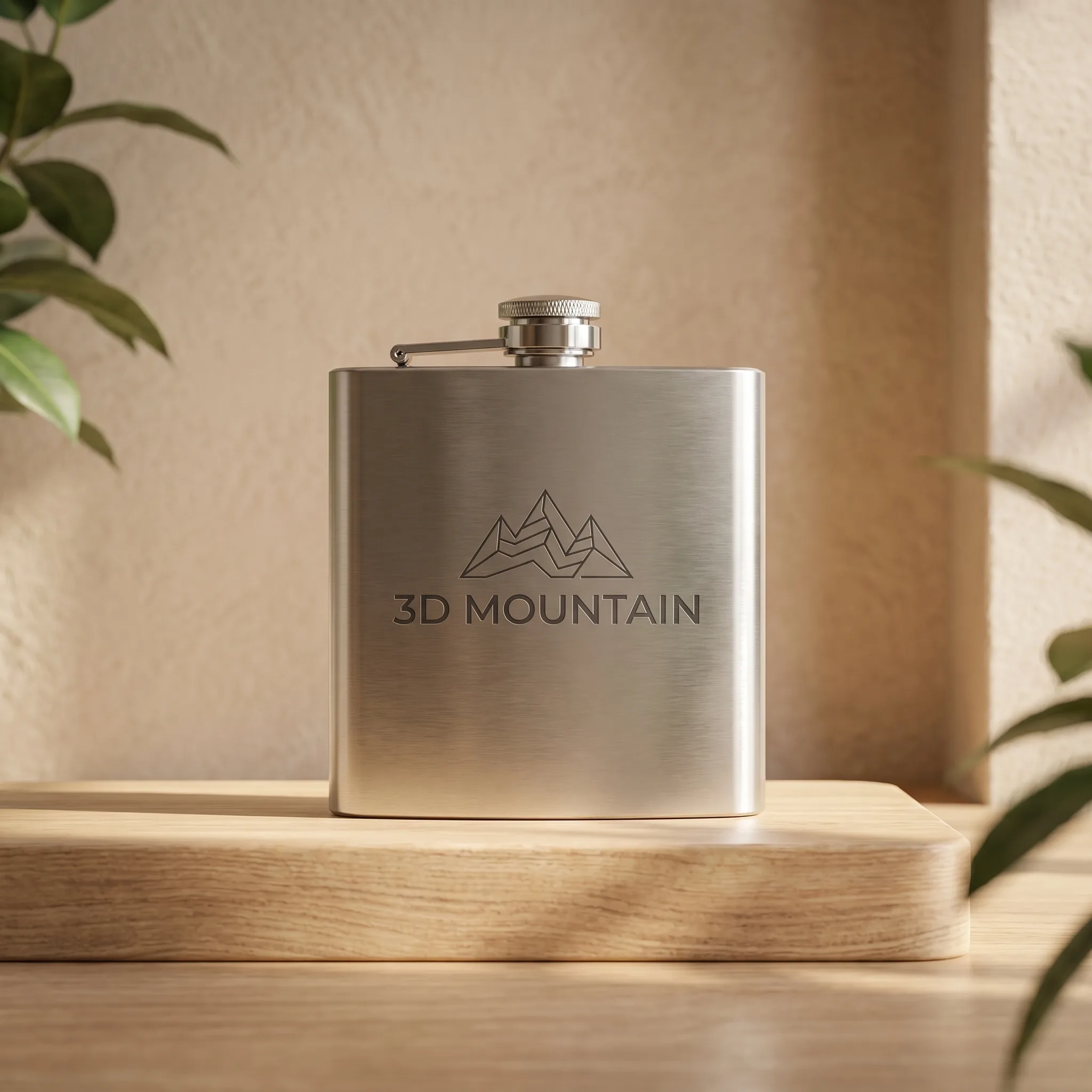 Flasque inox personnalisée gravée laser avec logo 3D Mountain, posée sur plateau bois, atelier français