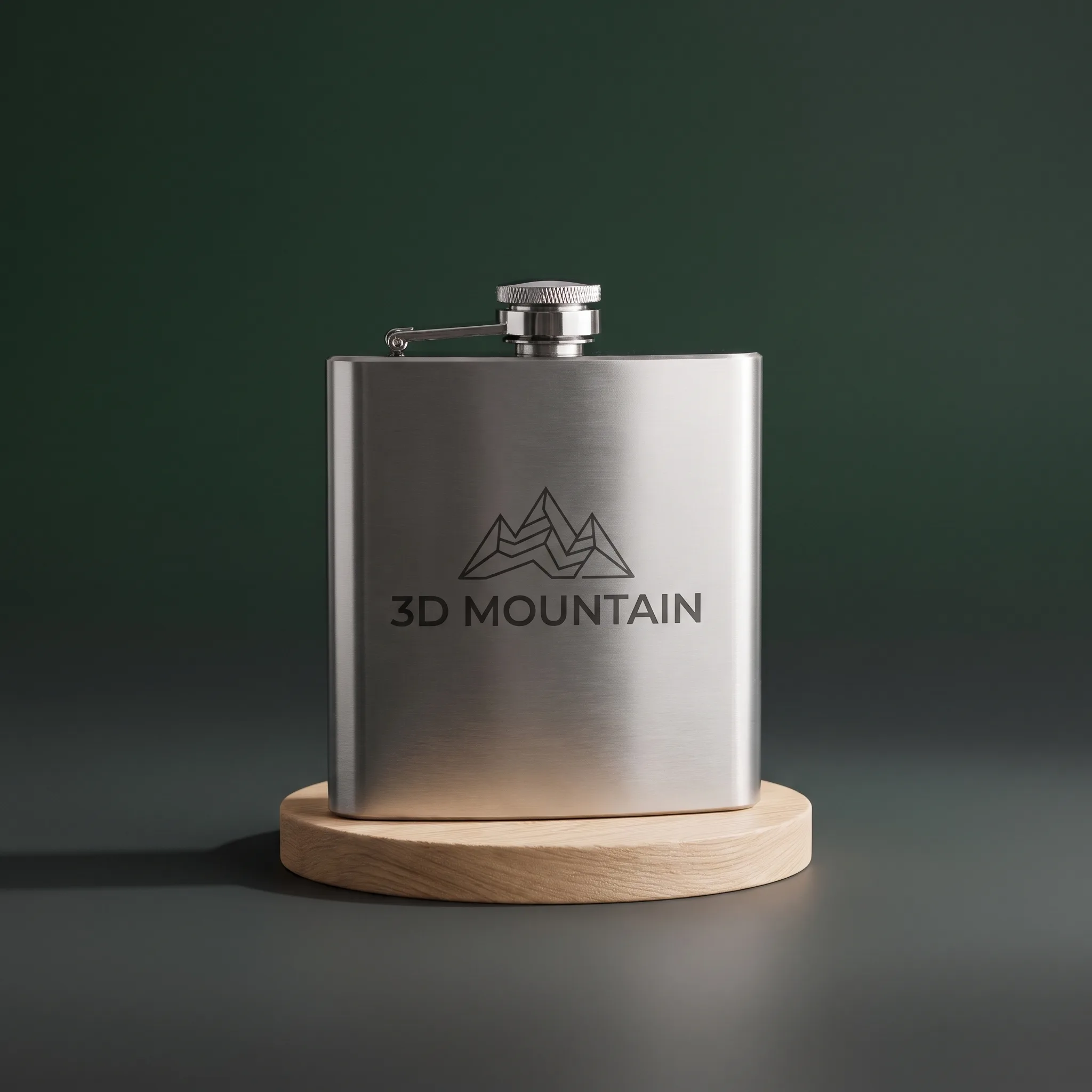 Flasque inox personnalisée gravée logo 3D Mountain, atelier Bourg-d'Oisans, fond vert et socle bois