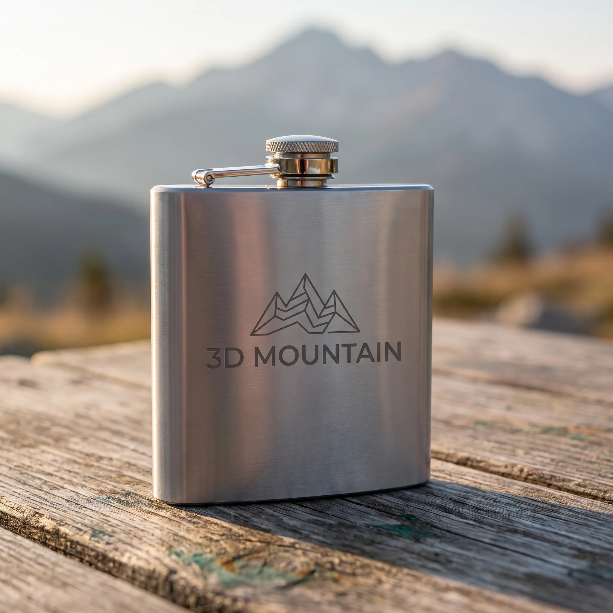 Flasque inox personnalisée gravée laser 3D Mountain posée sur bois avec montagnes en arrière-plan