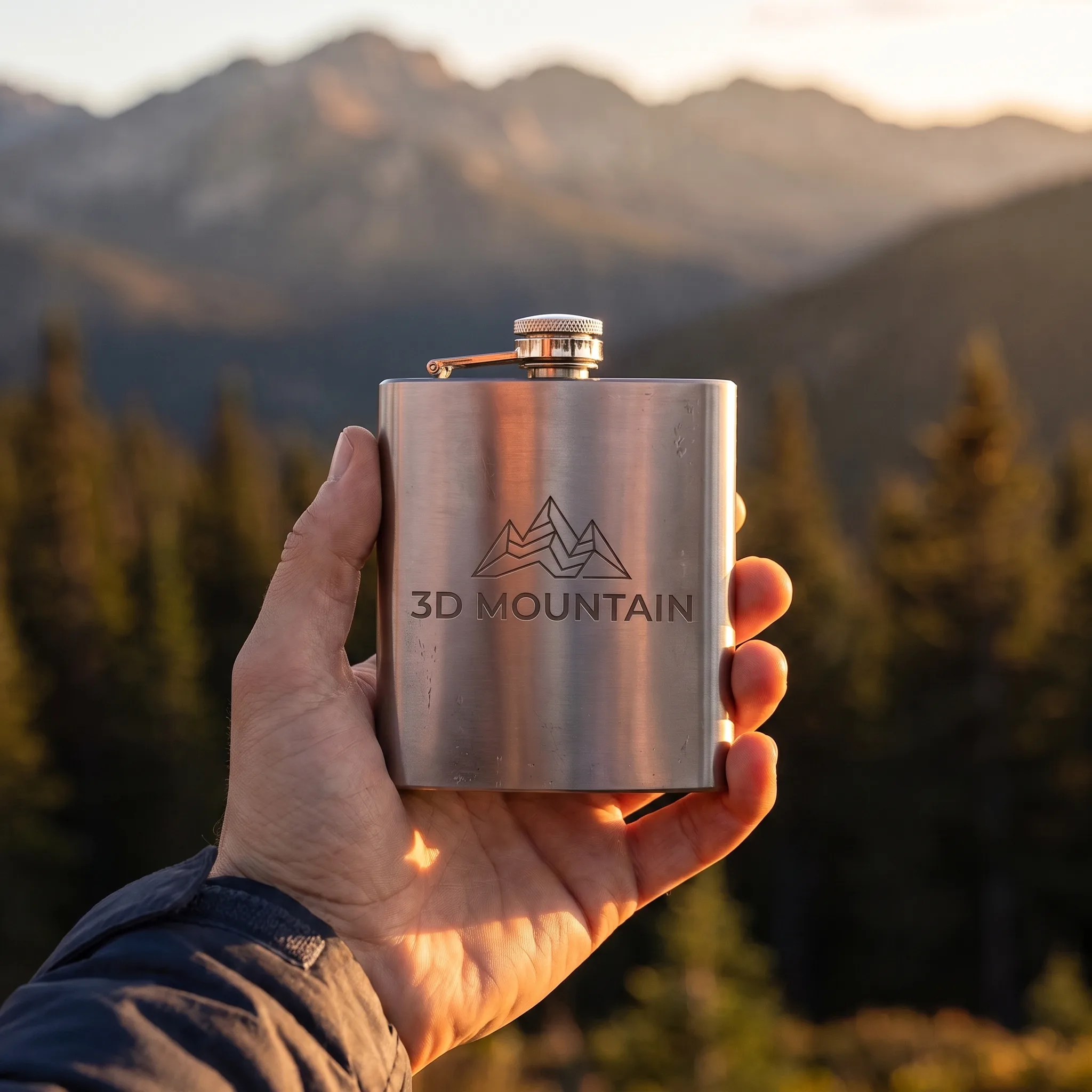 Flasque inox personnalisée gravée 3D Mountain tenue en main face aux sommets de montagne au coucher de soleil