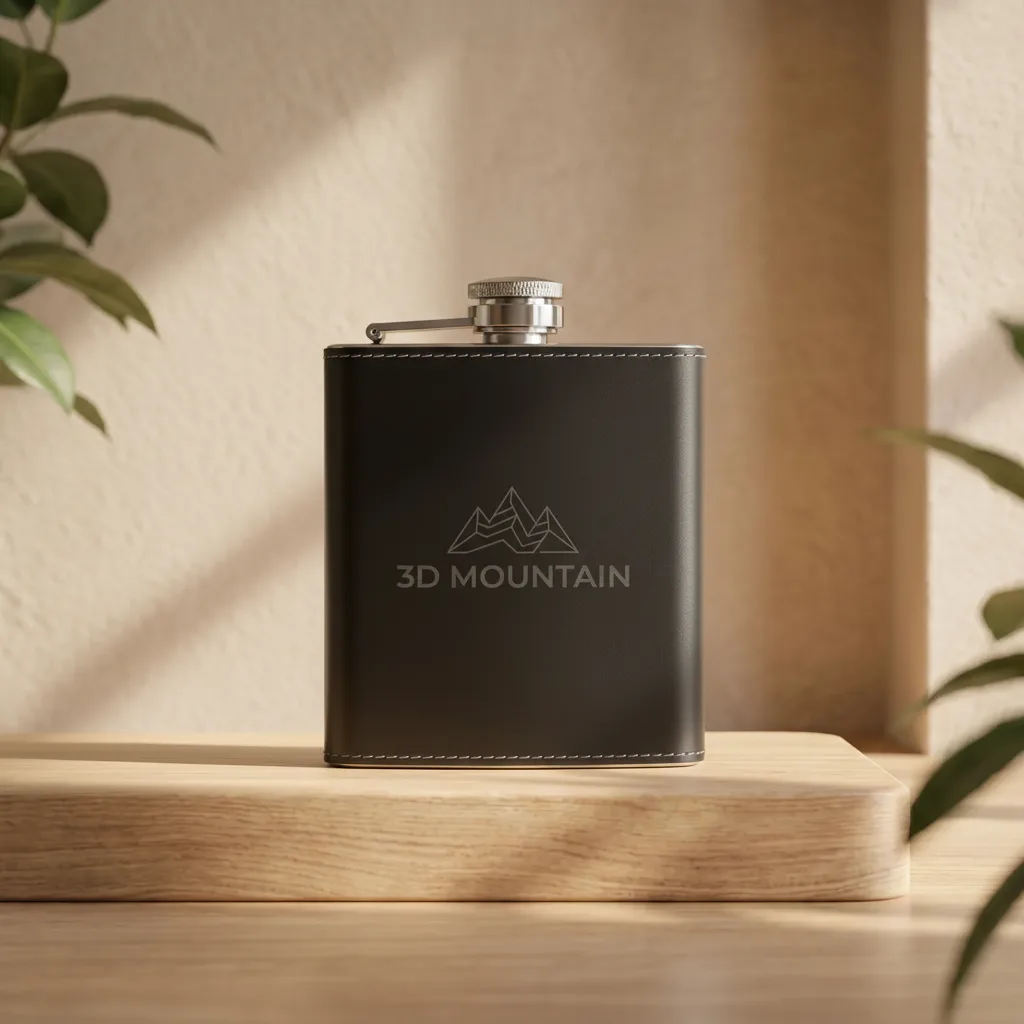 Flasque simili-cuir noir gravée au laser logo 3D Mountain, 200 ml inox surpiqué, posée sur bois