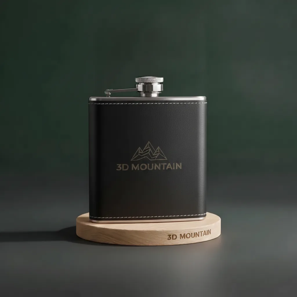 Flasque simili-cuir noire personnalisée gravée au laser avec logo montagne, posée sur un socle en bois, 3D Mountain Isère