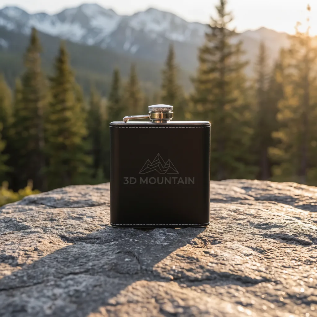 Flasque simili-cuir noir gravée laser 3D Mountain posée sur un rocher avec panorama de montagne et forêt de pins