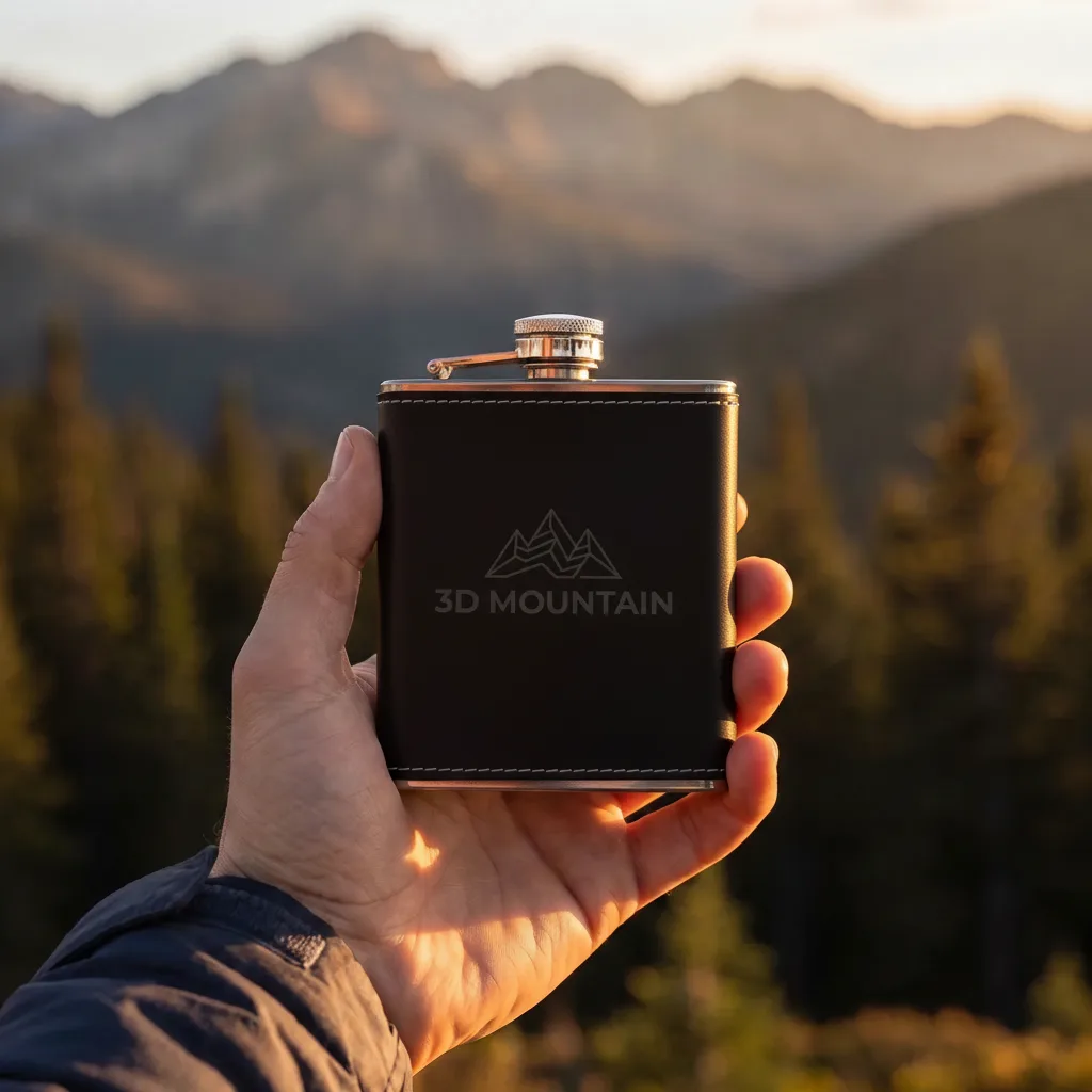 Flasque simili-cuir noire personnalisée gravée laser tenue en main face aux montagnes, 3D Mountain Isère