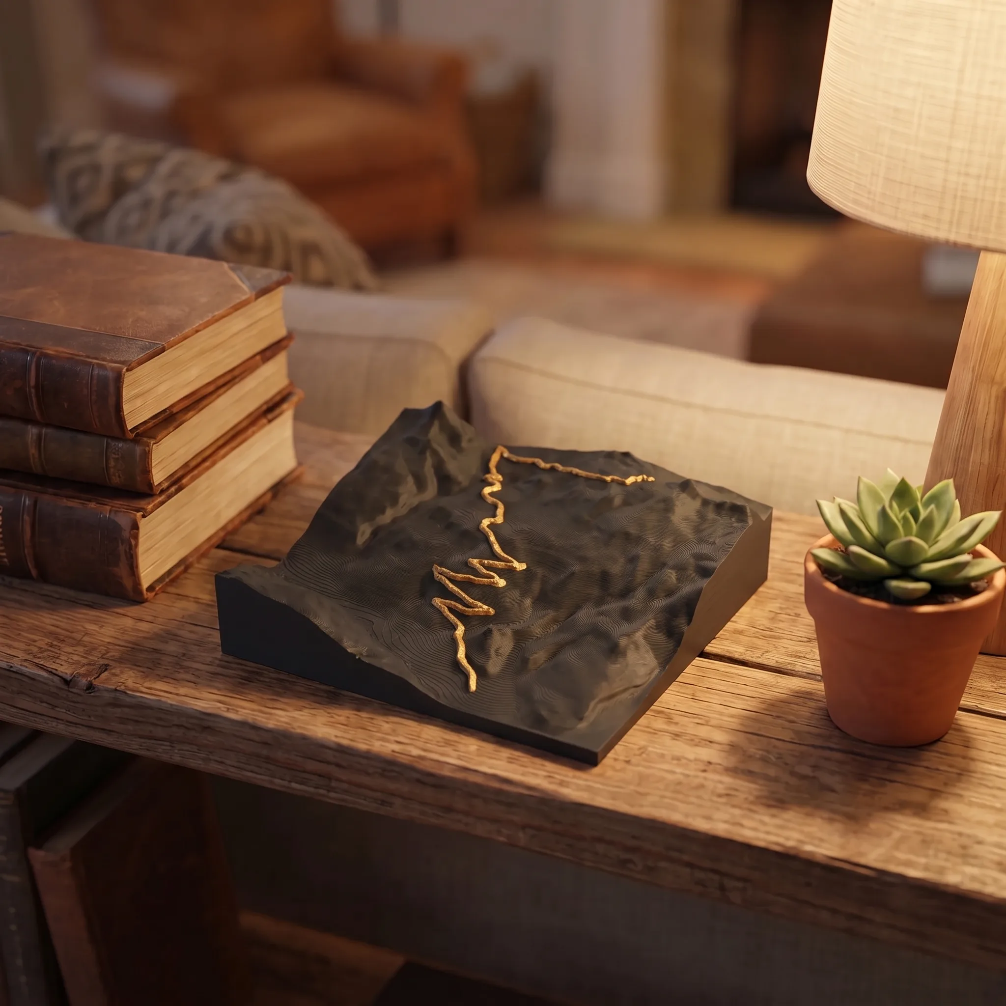 Col du Granon — Carte topographique 3D en relief avec socle chêne gravé — Étagère