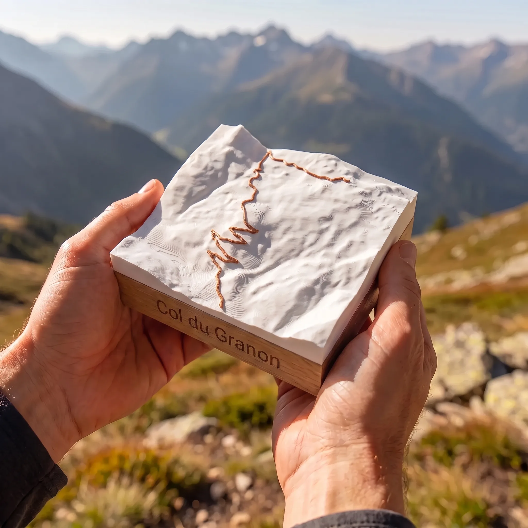 Col du Granon — Carte topographique 3D en relief avec socle chêne gravé — conserve les main mais en exterieur avec