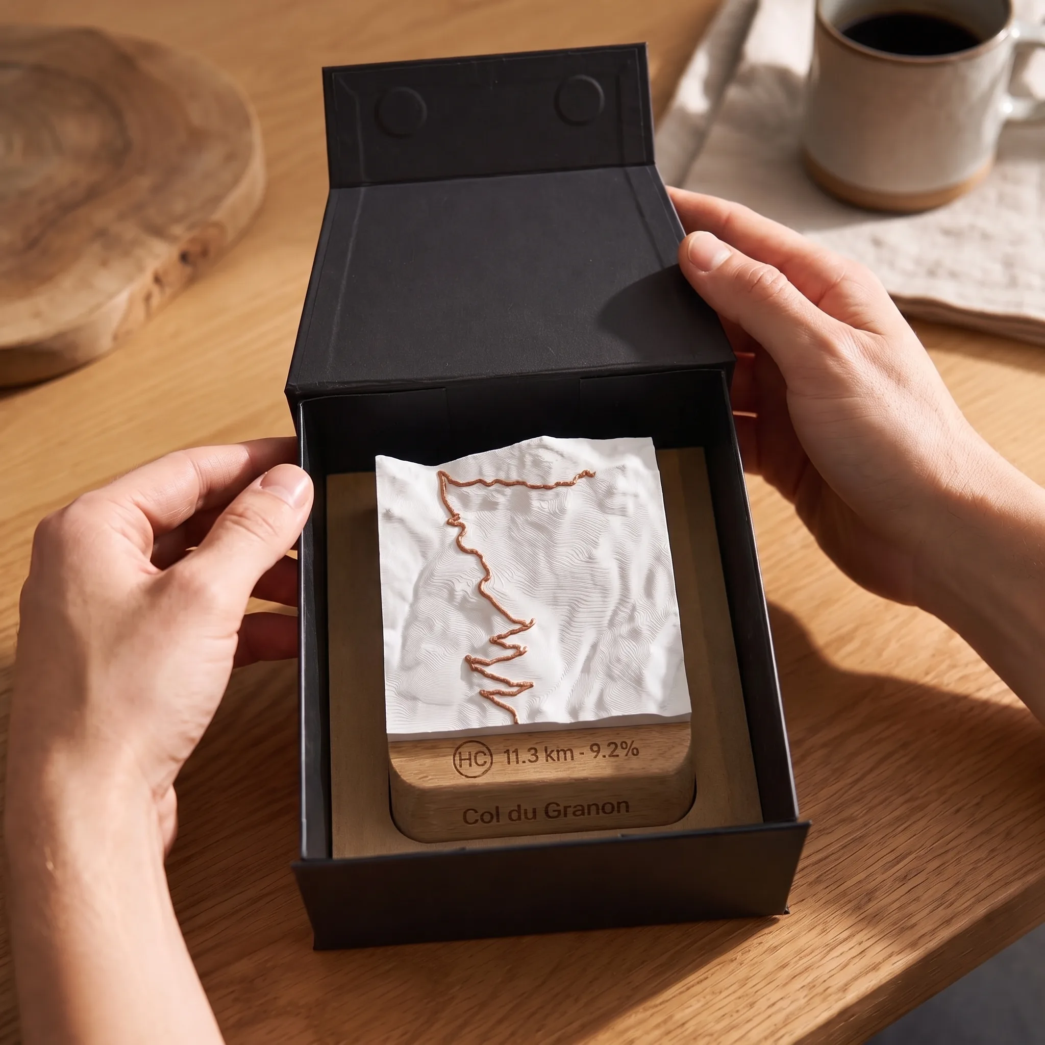 Col du Granon — Carte topographique 3D en relief avec socle chêne gravé — en situation coffret ouvert