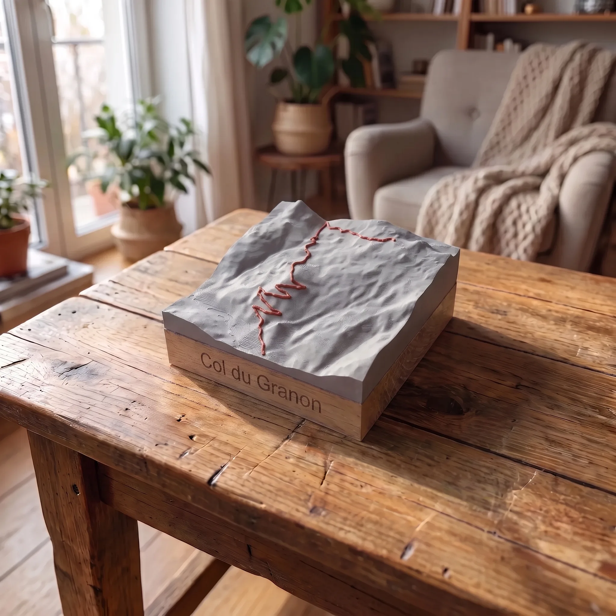 Col du Granon — Carte topographique 3D en relief avec socle chêne gravé — l objet sur la table doit etre peu plus