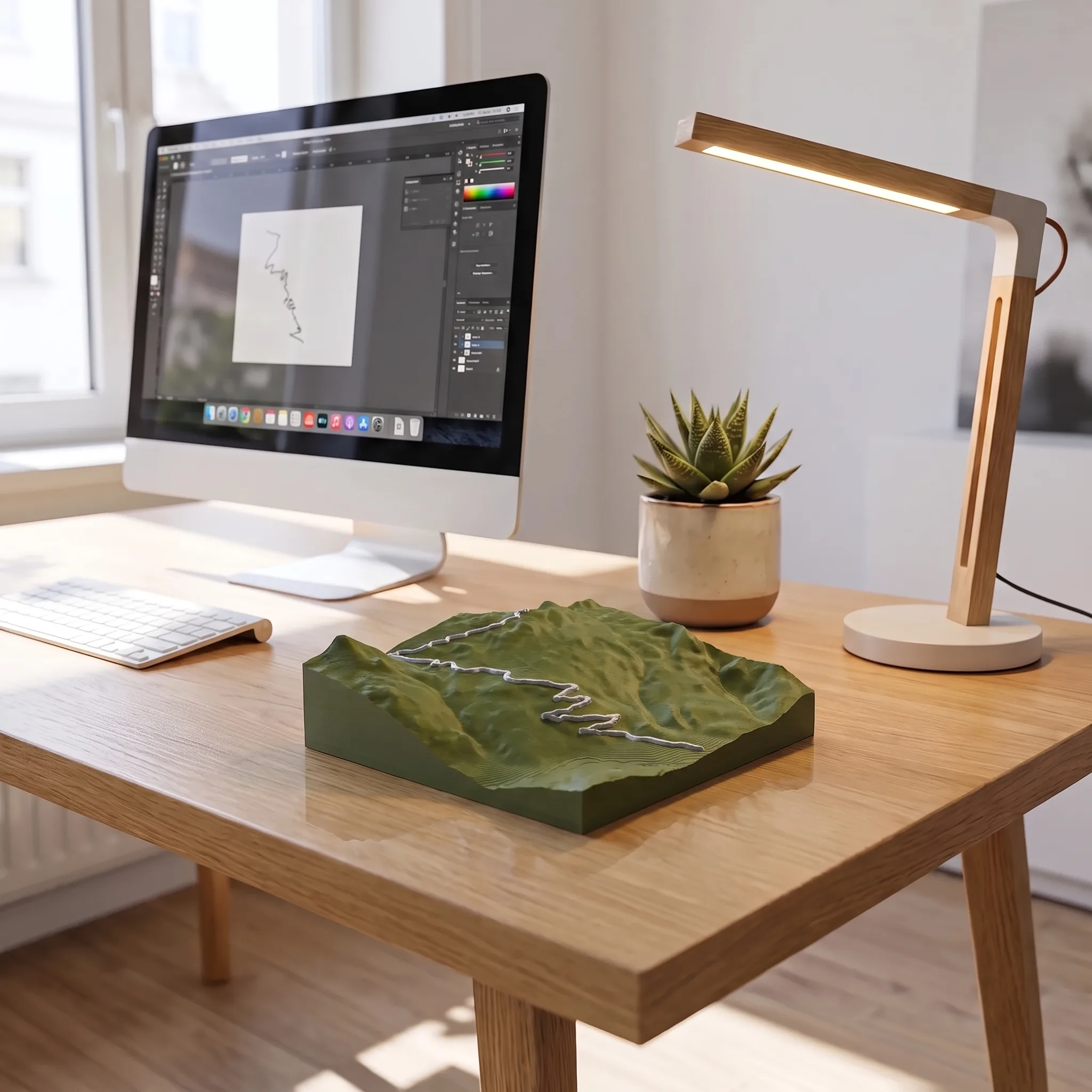 Col du Granon — Carte topographique 3D en relief avec socle chêne gravé — Bureau déco