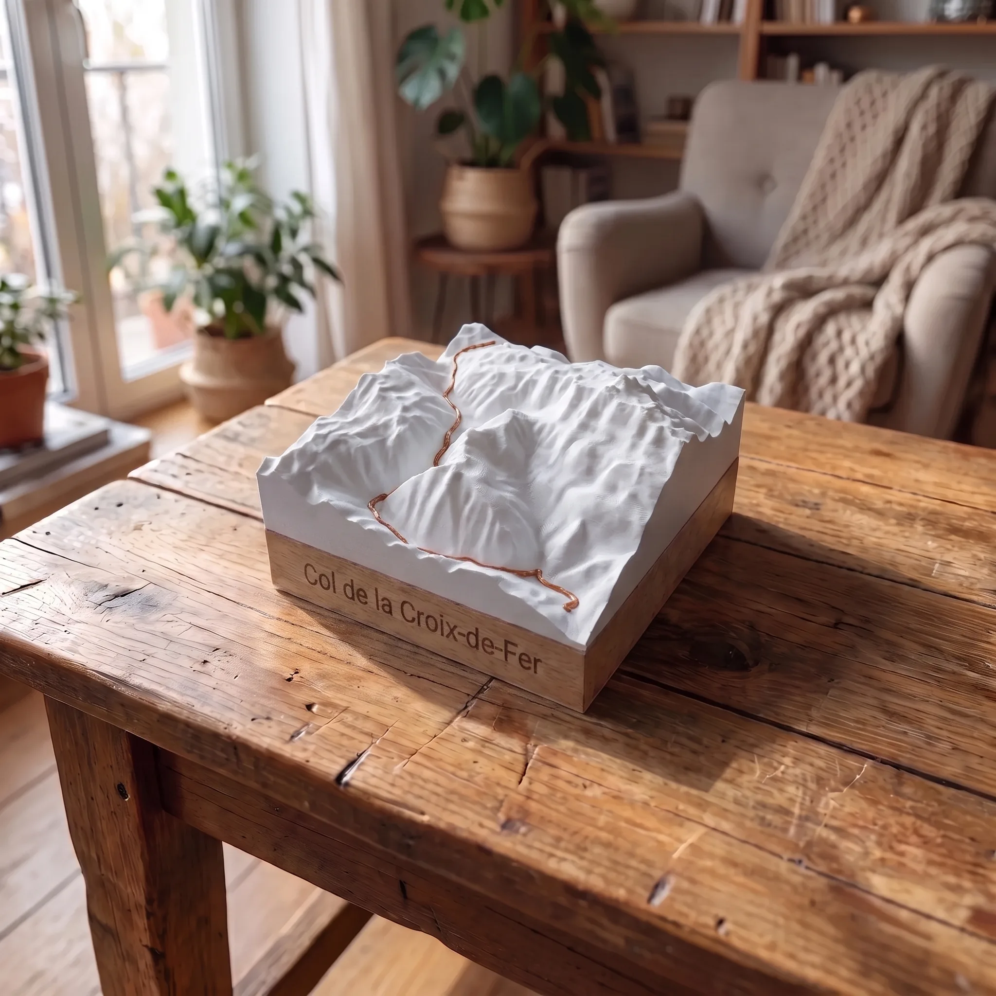 Trophée Col de la Croix-de-Fer 2067 m – Carte relief sur socle chêne — l objet sur la table doit etre peu plus