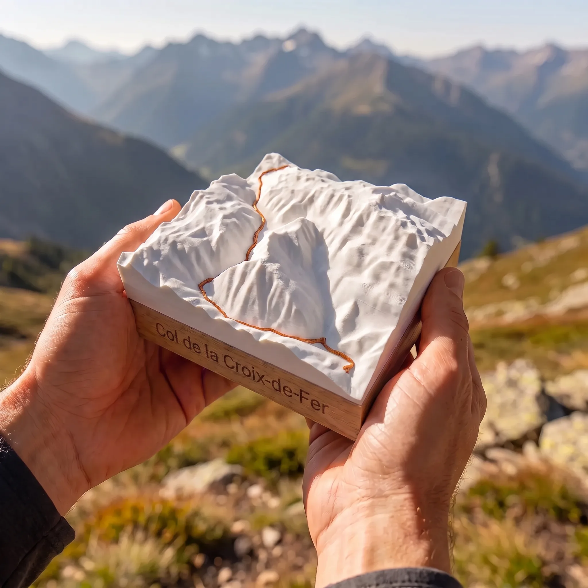 Trophée Col de la Croix-de-Fer 2067 m – Carte relief sur socle chêne — conserve les main mais en exterieur avec