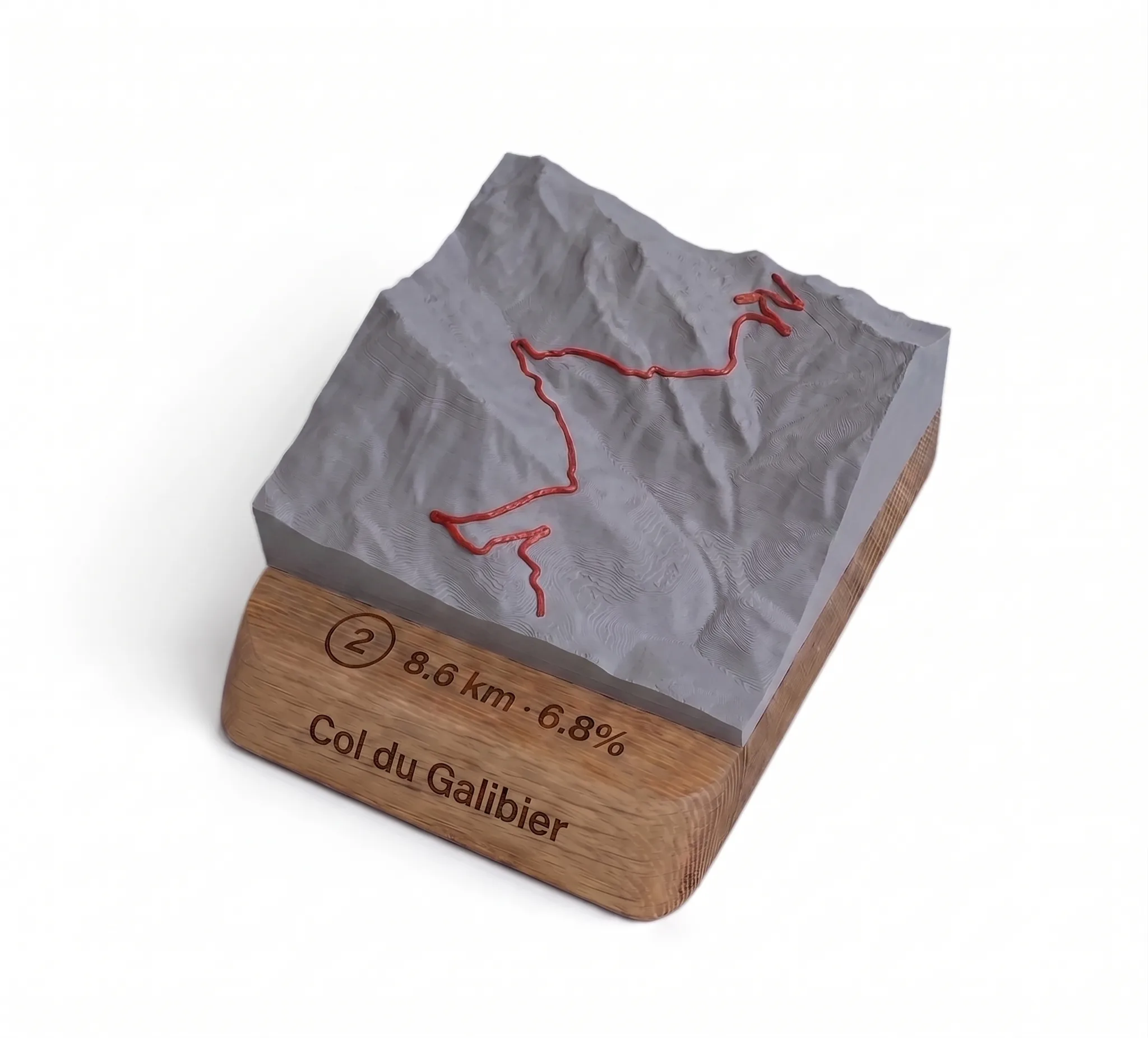 Col du Galibier - Carte 3D relief — Socle arrondi · Gris mat / Rouge