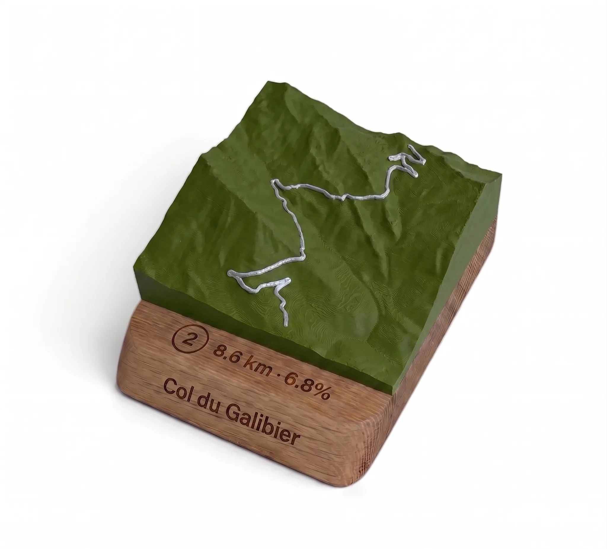 Col du Galibier - Carte 3D relief — Socle arrondi · Vert Olive Mat / Argent