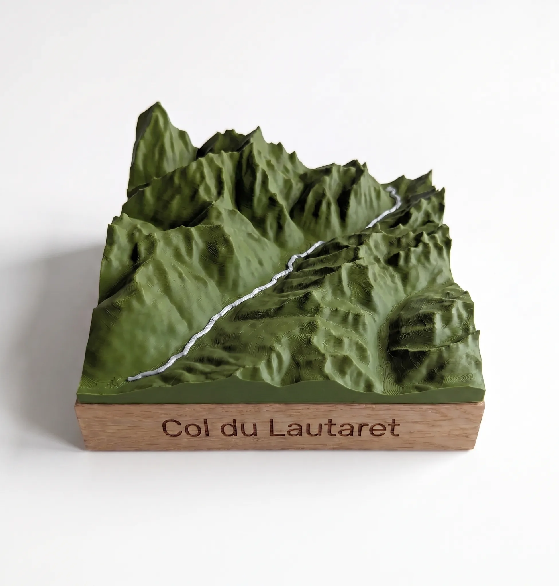 Col du Lautaret – Mapa 3D de relieve — Base cuadrada · Verde Oliva Mate / Plateado