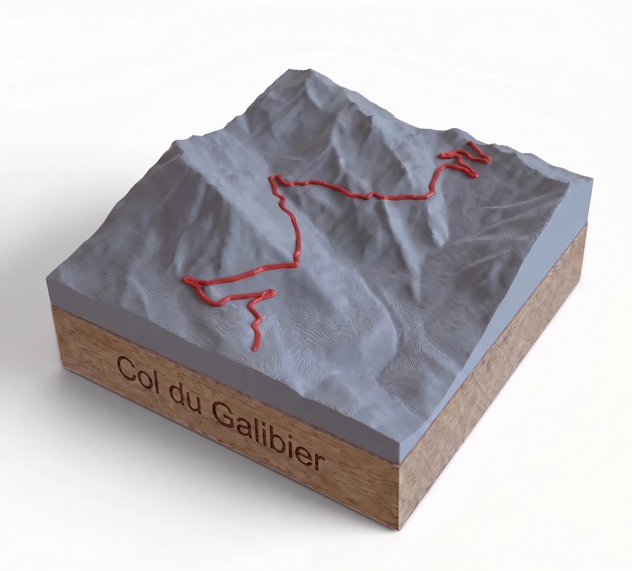 Col du Galibier - Carte 3D relief — Socle carré · Gris mat / Rouge
