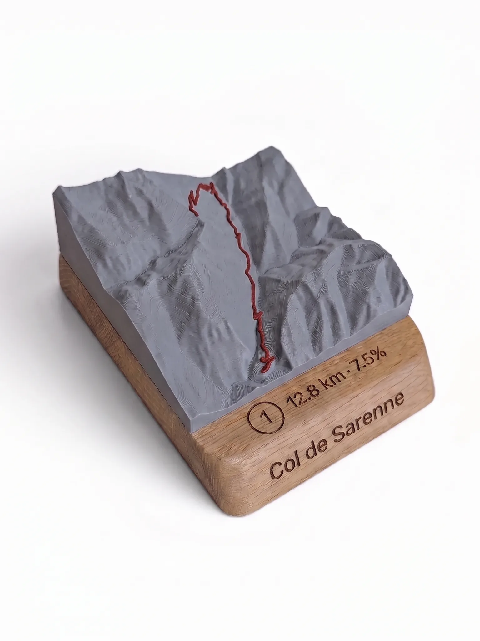 Col de Sarenne depuis le Lac du Chambon — Carte topographique 3D en relief — Socle arrondi · Gris mat / Rouge
