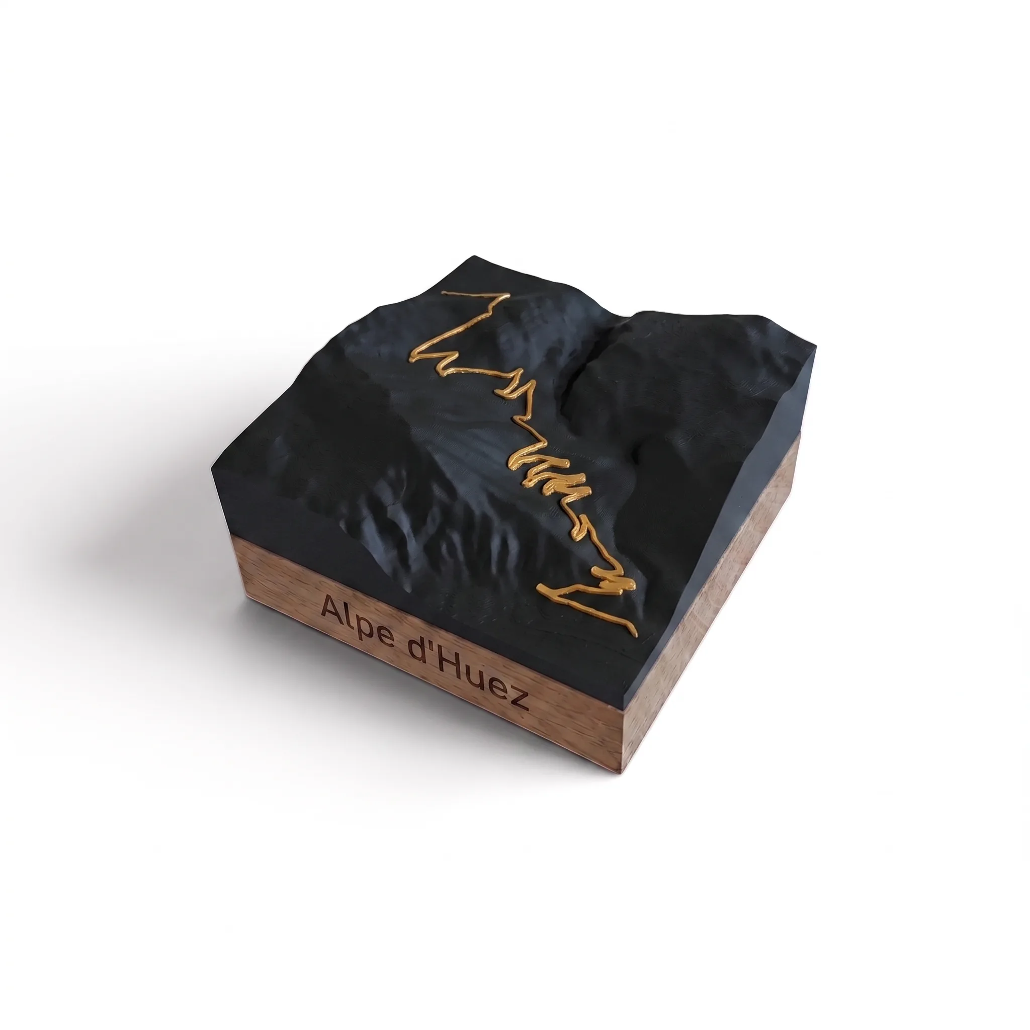 Carte 3D Alpe d'Huez – Trophée topographique relief du col mythique — Socle carré · Noir mat / Or