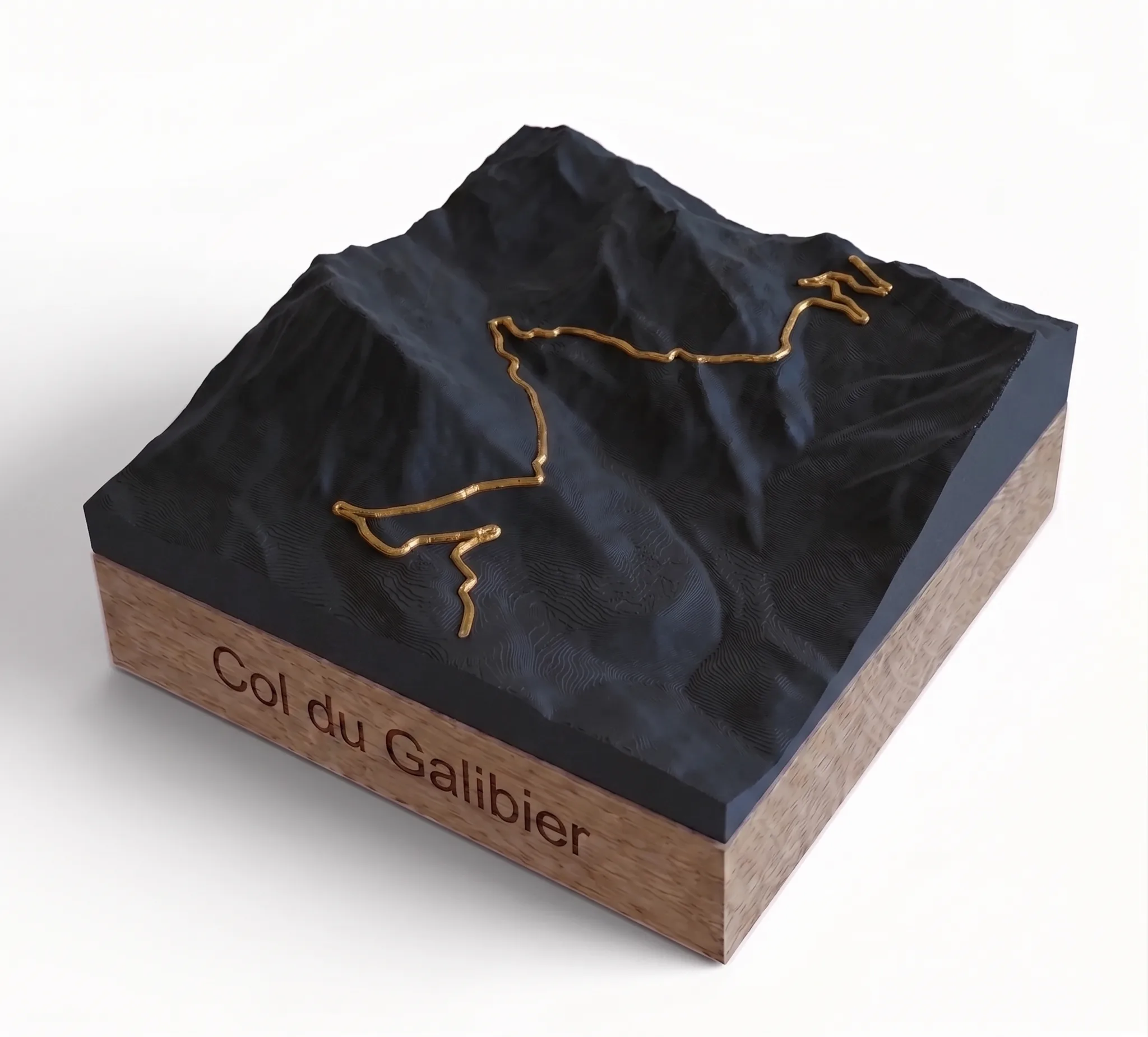 Col du Galibier - Carte 3D relief — Socle carré · Noir mat / Or