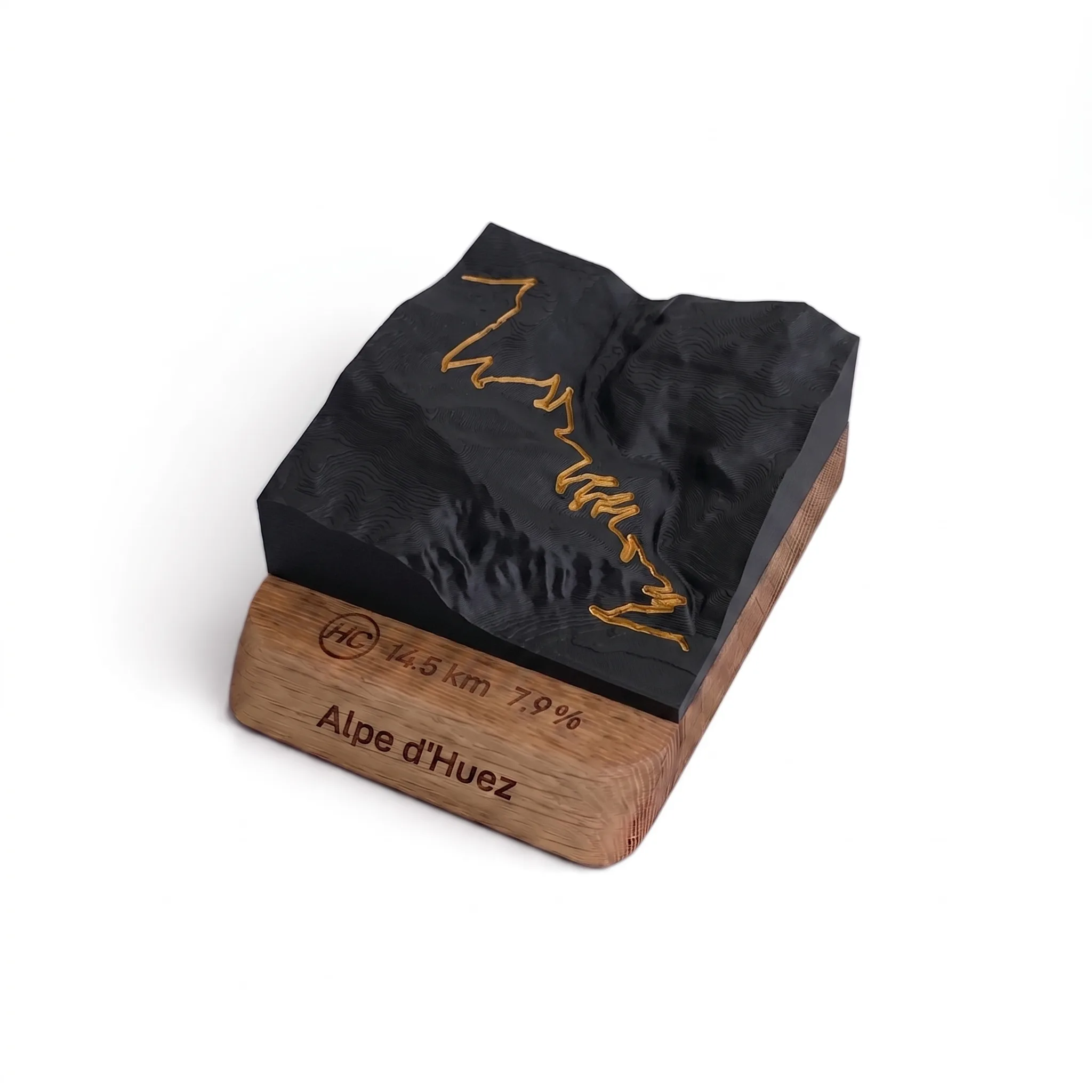 Carte 3D Alpe d'Huez – Trophée topographique relief du col mythique — Socle arrondi · Noir mat / Or
