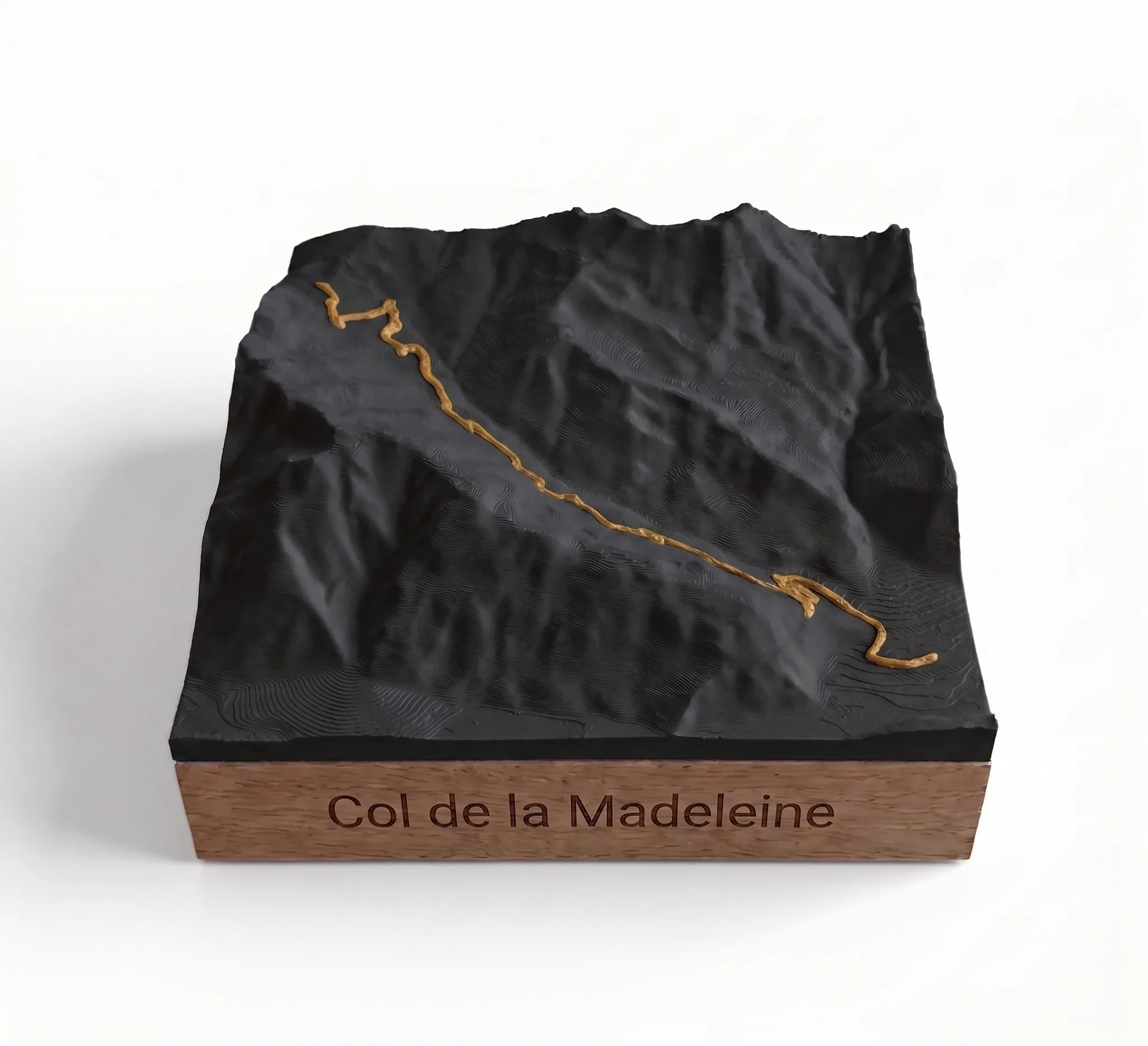 Col de la Madeleine — 3D relief map — Square base · Matt black / Gold