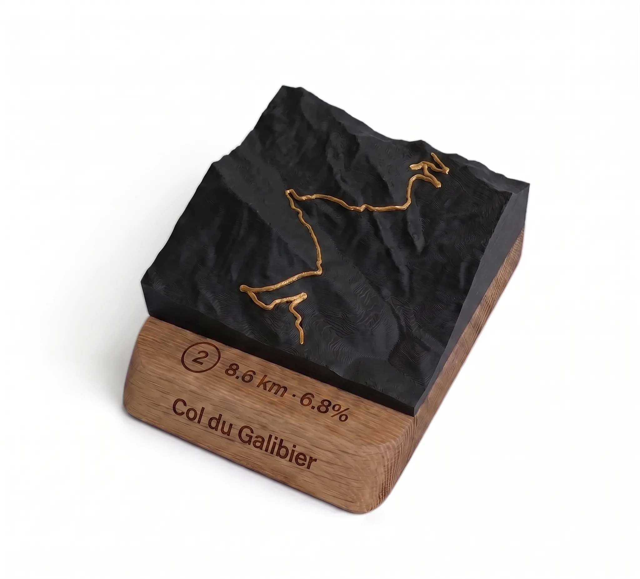Col du Galibier - Carte 3D relief — Socle arrondi · Noir mat / Or