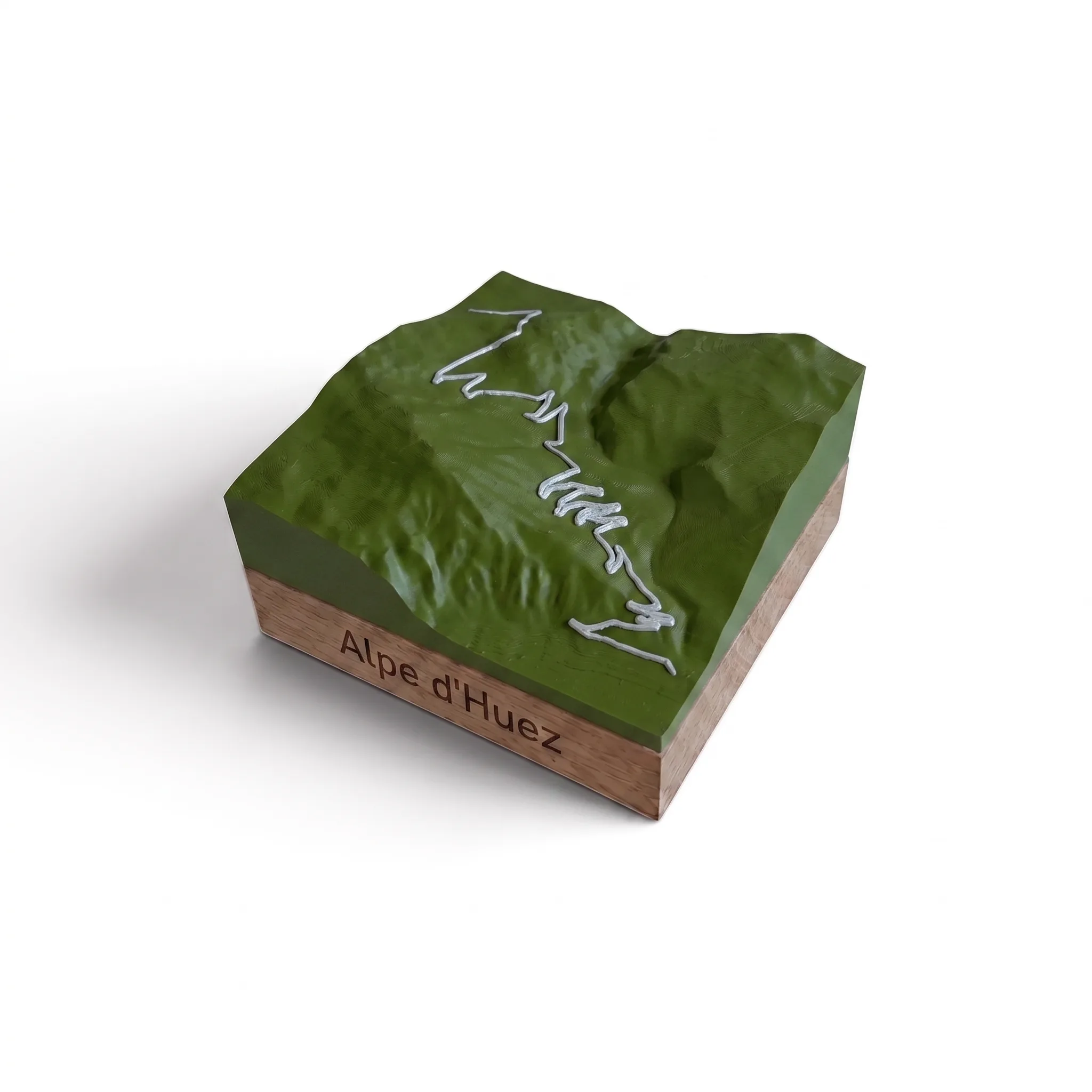 Carte 3D Alpe d'Huez – Trophée topographique relief du col mythique — Socle carré · Vert Olive Mat / Argent