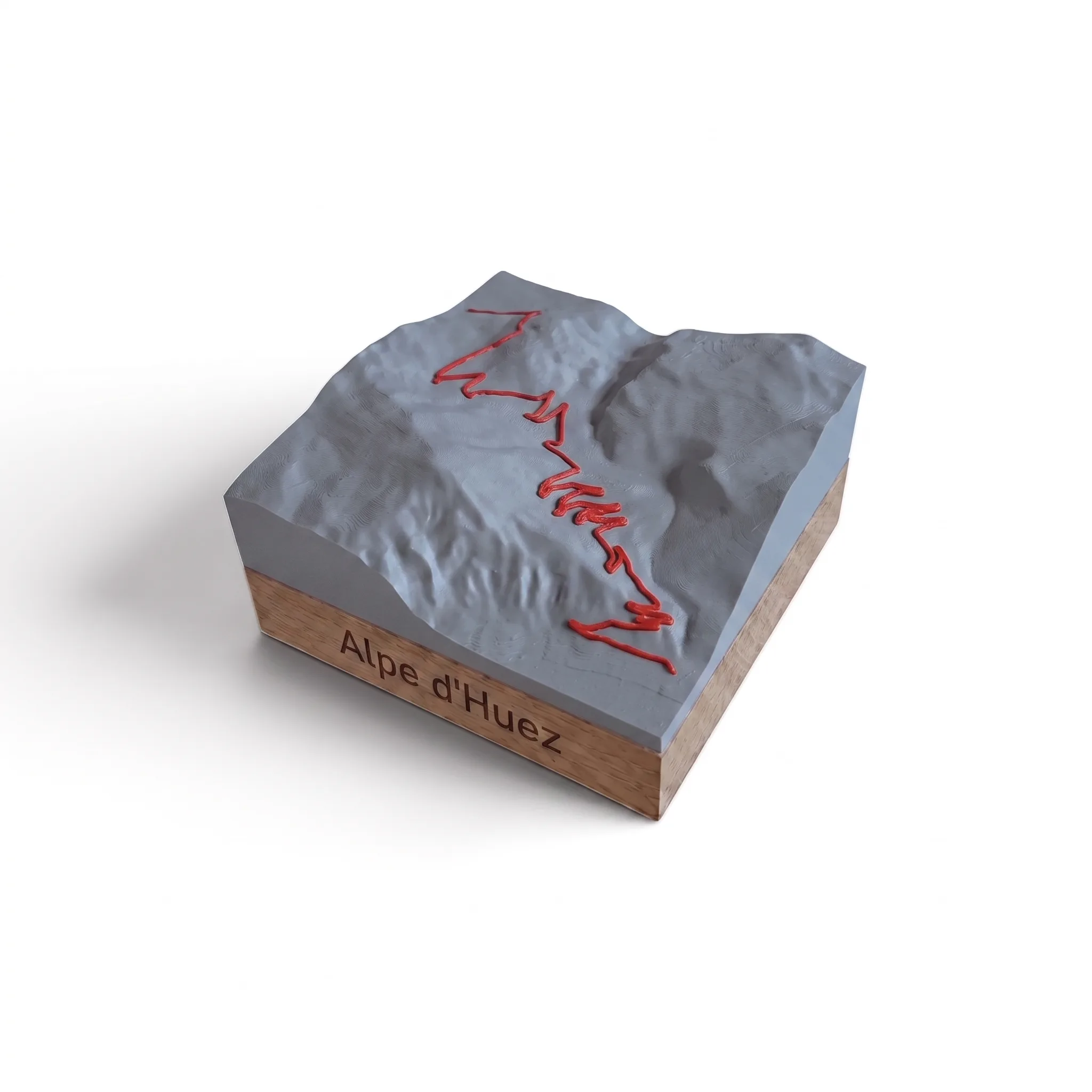 Carte 3D Alpe d'Huez – Trophée topographique relief du col mythique — Socle carré · Gris mat / Rouge