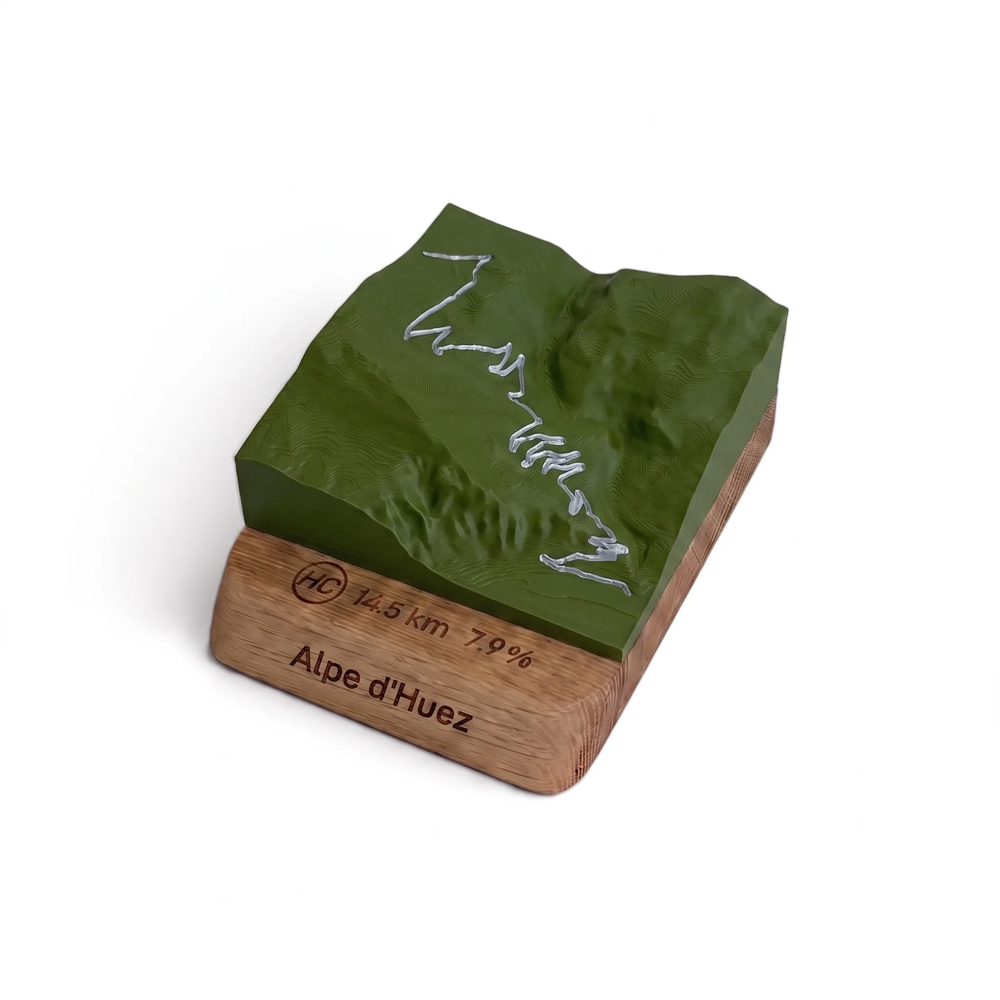 Carte 3D Alpe d'Huez – Trophée topographique relief du col mythique — Socle arrondi · Vert Olive Mat / Argent