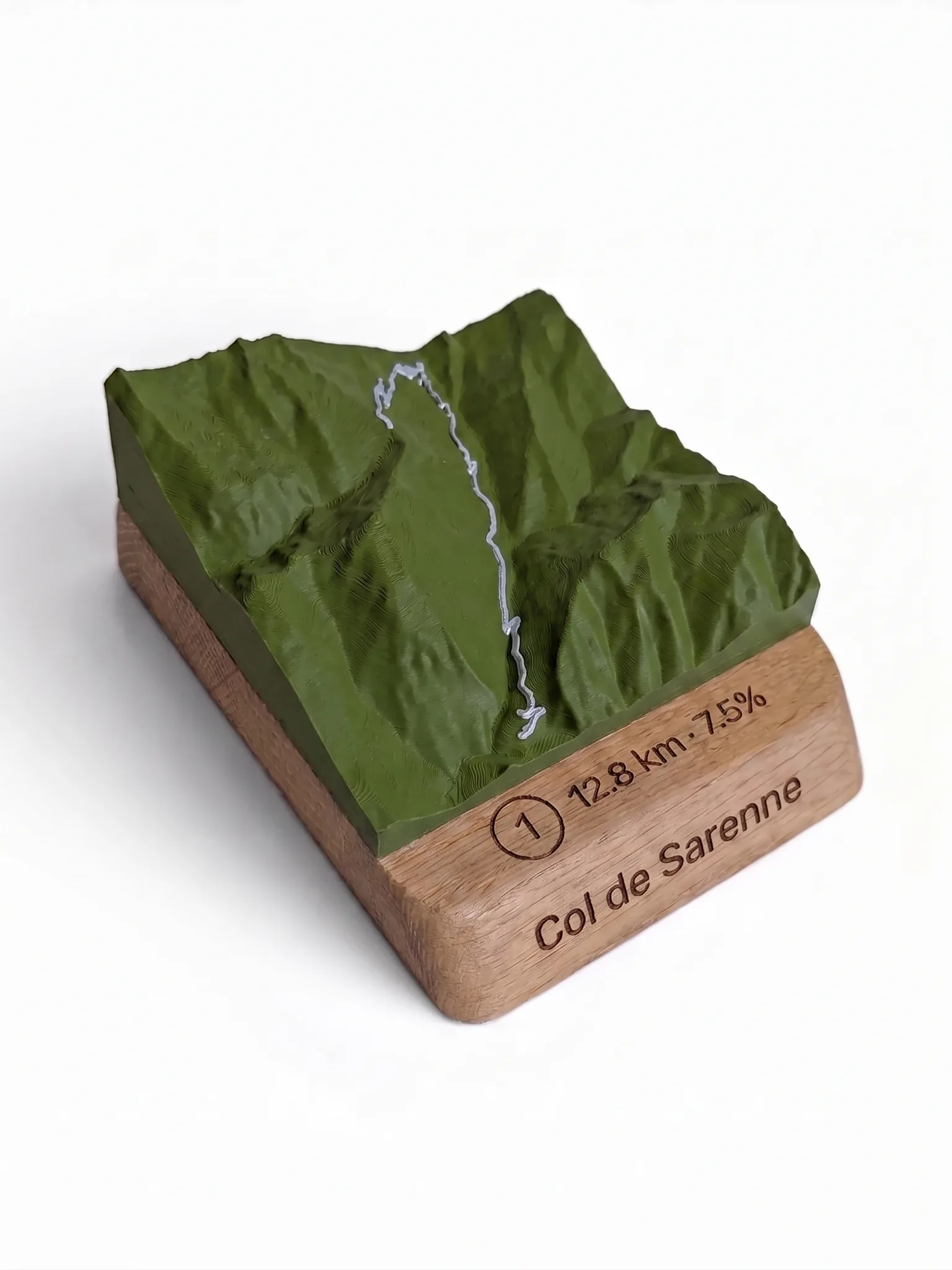 Col de Sarenne depuis le Lac du Chambon — Carte topographique 3D en relief — Socle arrondi · Vert Olive Mat / Argent