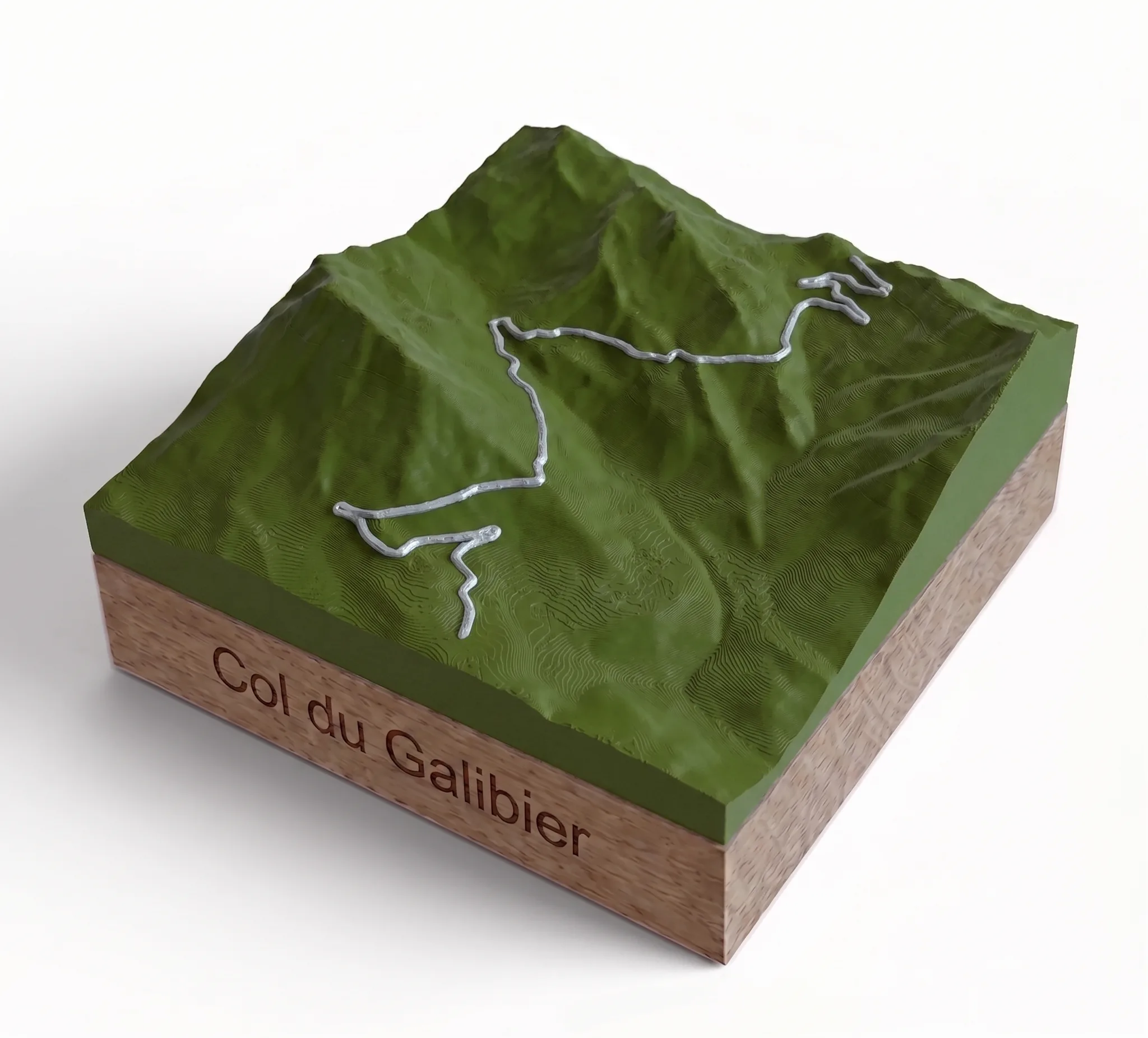 Col du Galibier - Carte 3D relief — Socle carré · Vert Olive Mat / Argent