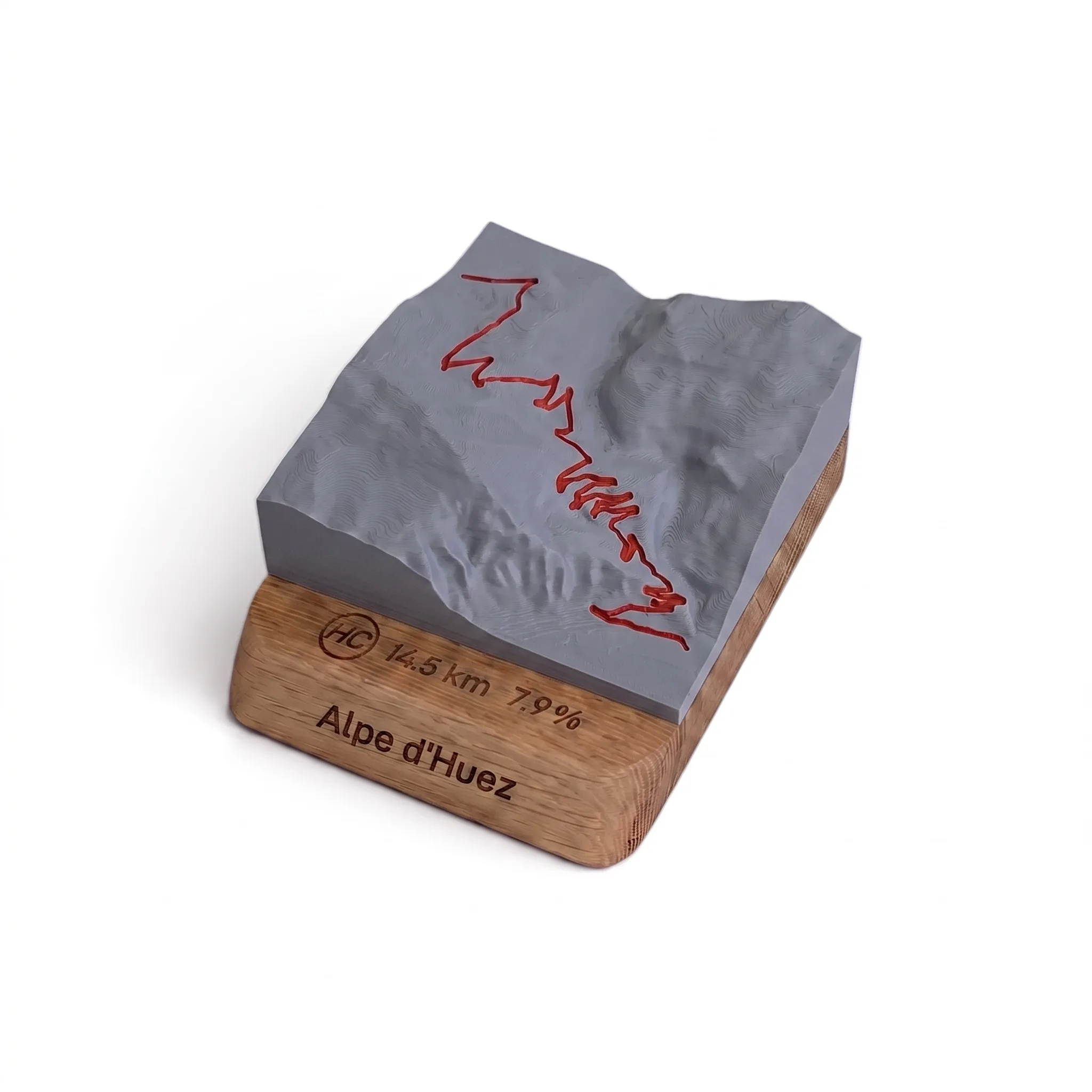 Carte 3D Alpe d'Huez – Trophée topographique relief du col mythique — Socle arrondi · Gris mat / Rouge