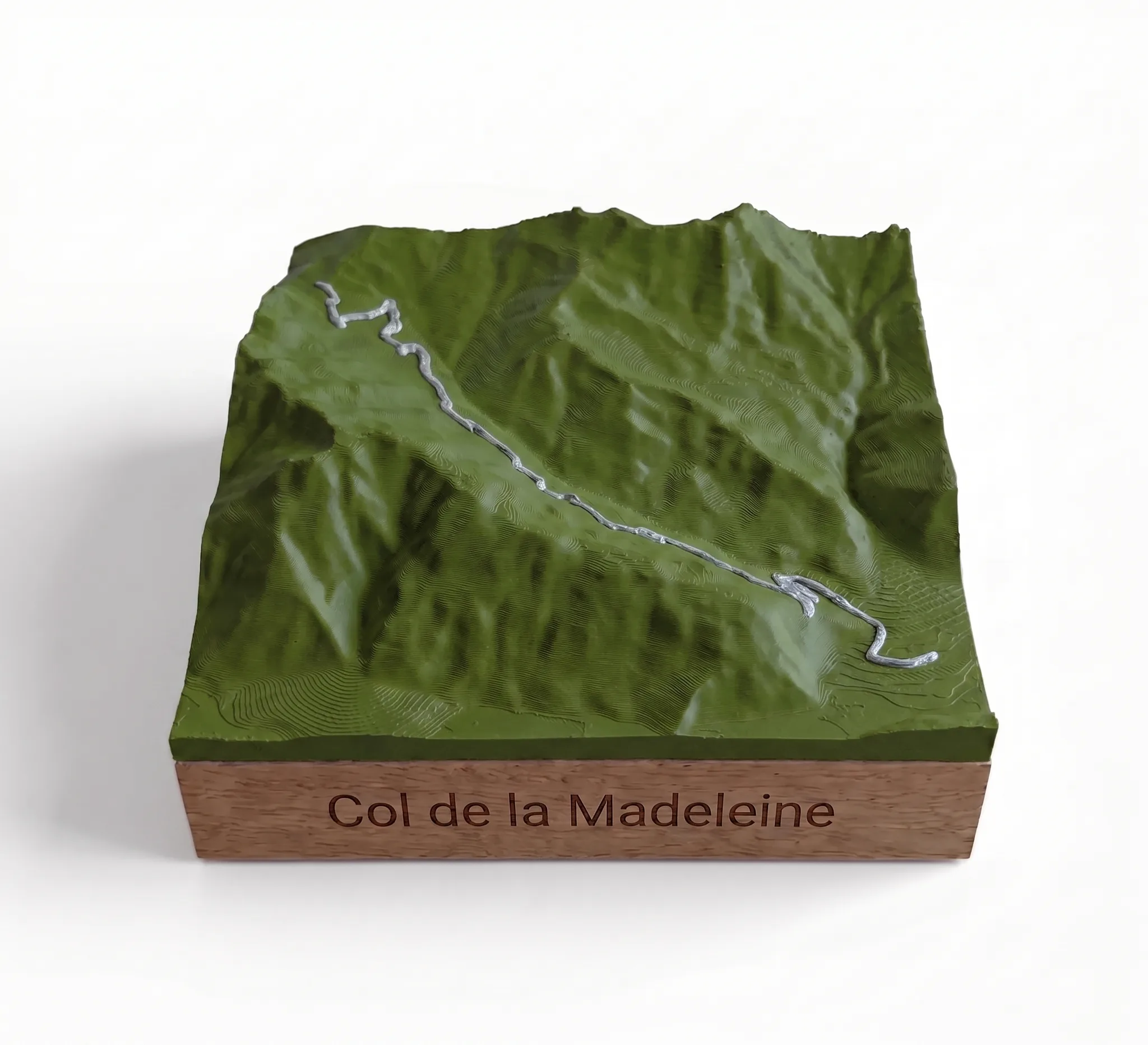 Col de la Madeleine — 3D Relief Map — Square Base · Matte Olive Green / Silver