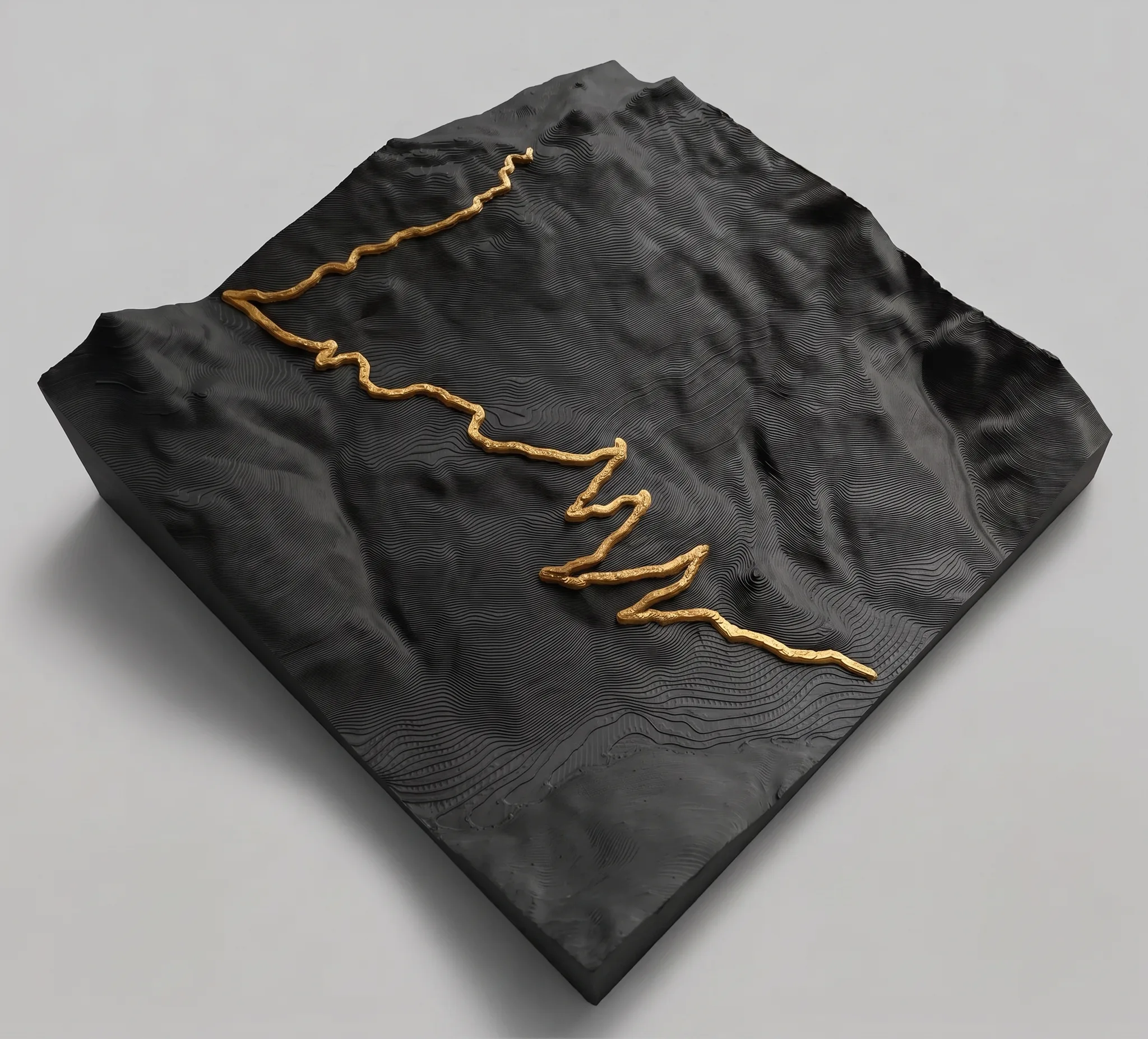 Col du Granon — Carte topographique 3D en relief avec socle chêne gravé — Montagne seule · Noir mat / Or