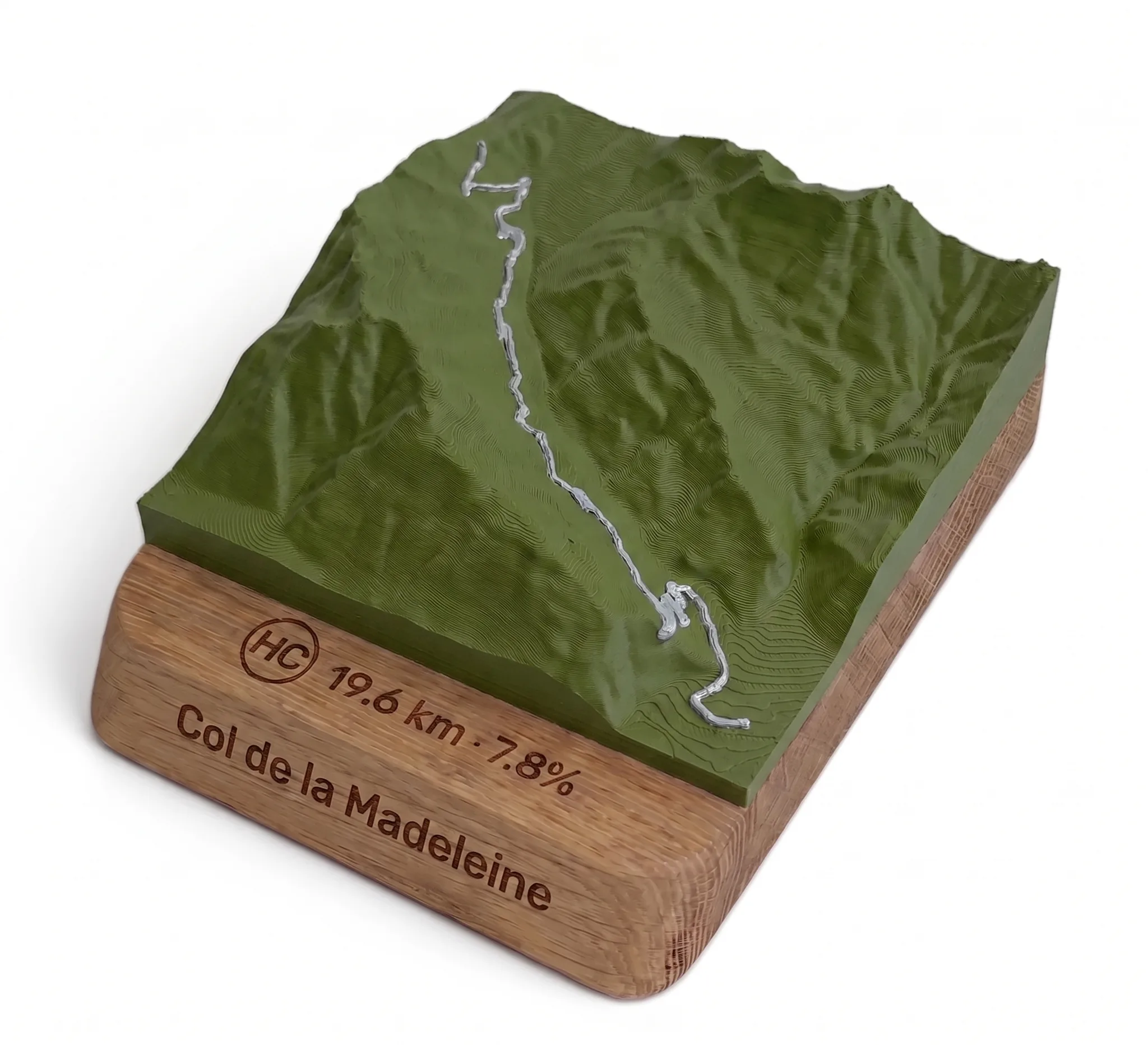Col de la Madeleine — 3D Relief Map — Rounded Base · Matte Olive Green / Silver