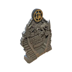 Trofeo stampa 3D su misura 1° posto Urban DH Les 2 Alpes, incisione laser MTB downhill, fabbricato in Francia