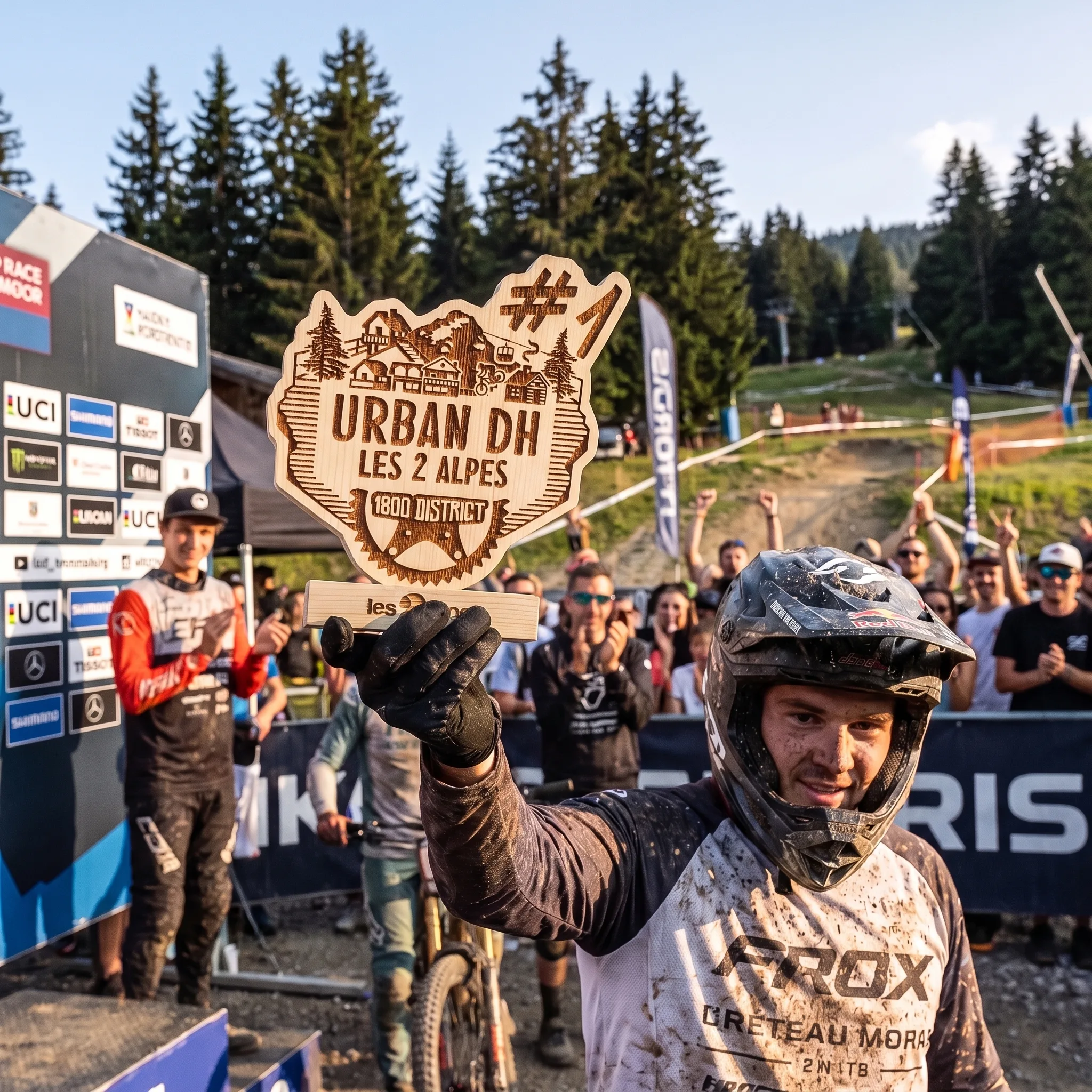 Vincitore che regge un trofeo in legno tagliato su misura per gara di downhill MTB, inciso al laser, realizzato da 3D Mountain