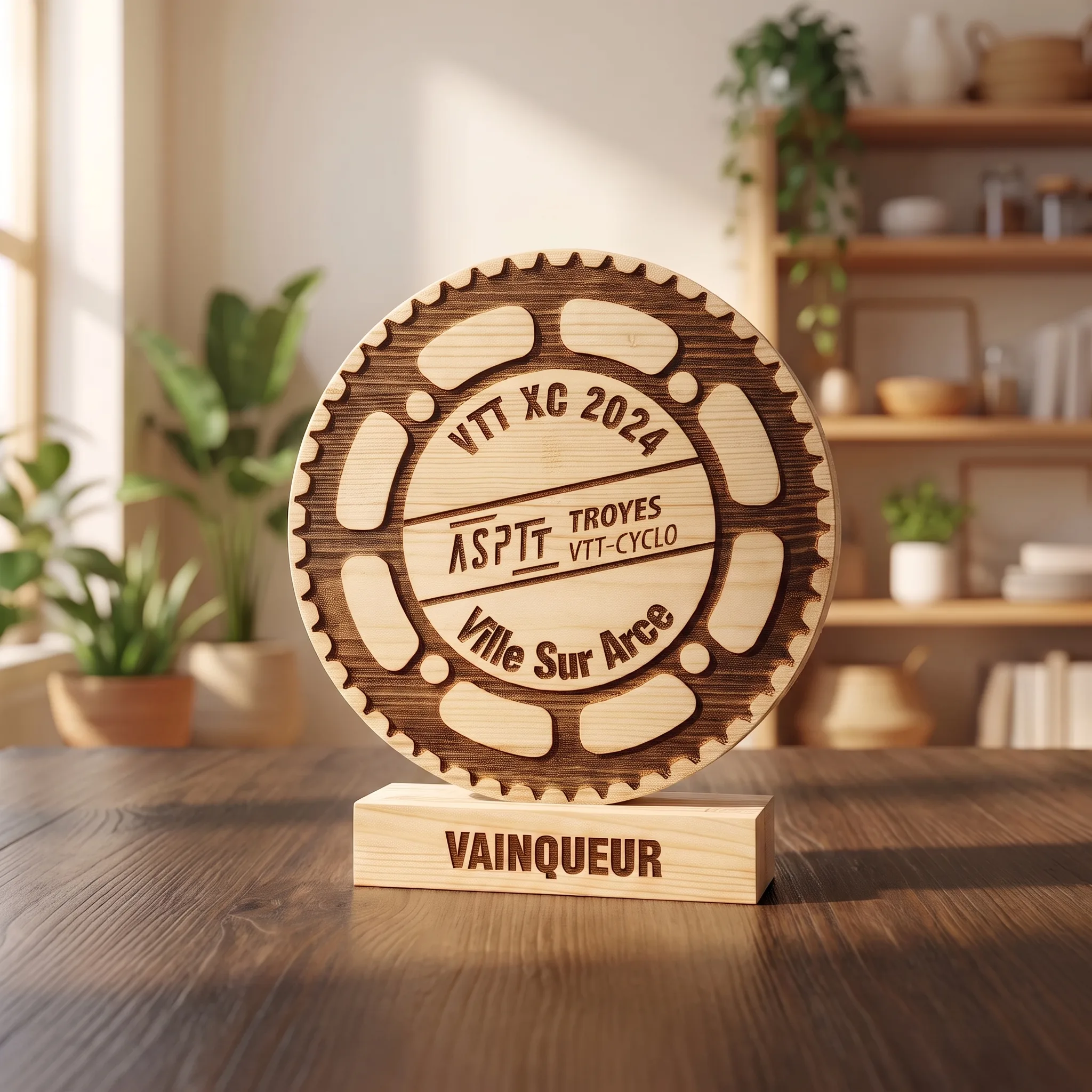 Trophée en bois rond personnalisé gravé au laser VTT, récompense course de vélo, sur socle bois inscription Vainqueur
