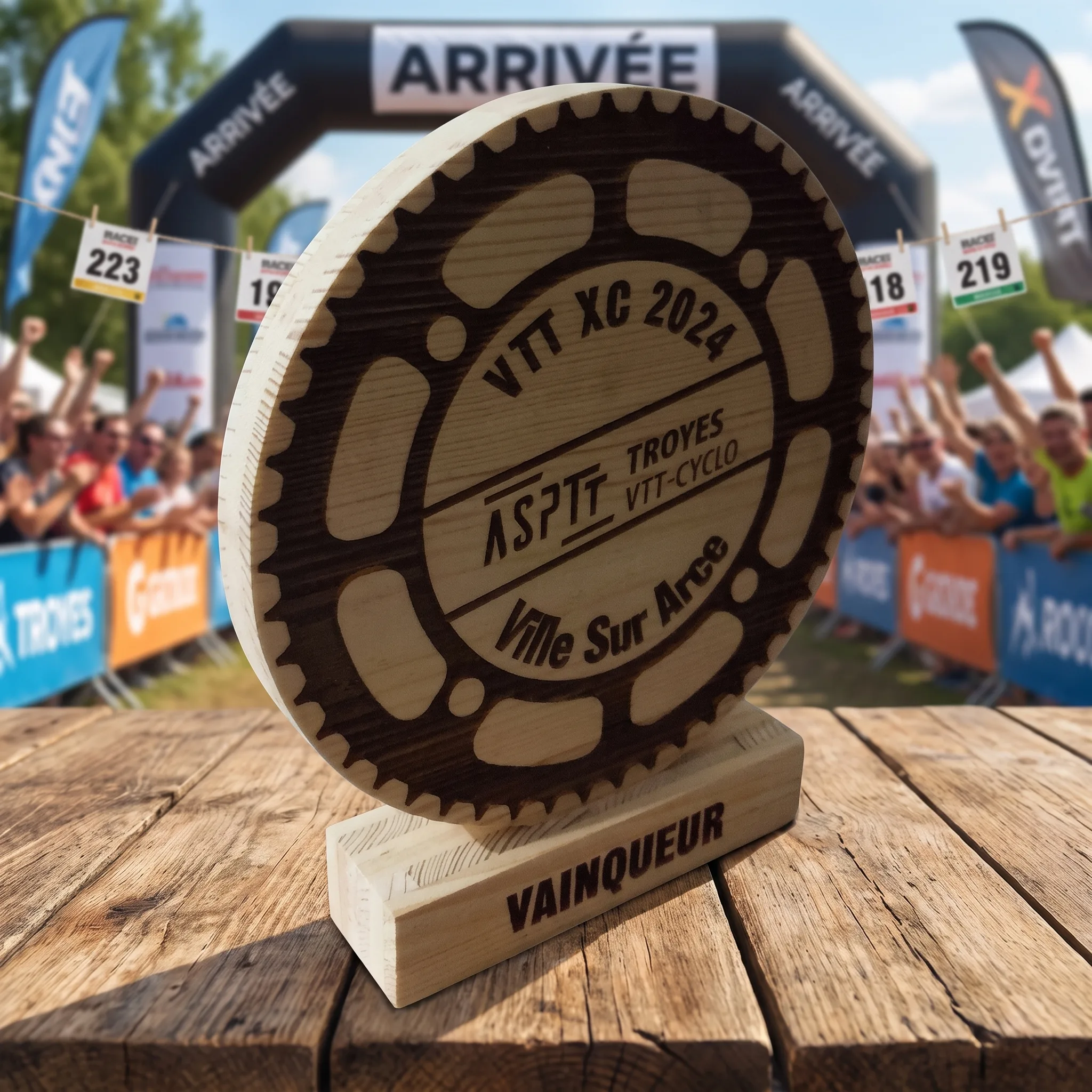 Trophée bois rond personnalisé VTT gravé laser, récompense cyclisme et outdoor, sur une ligne d' arrivée