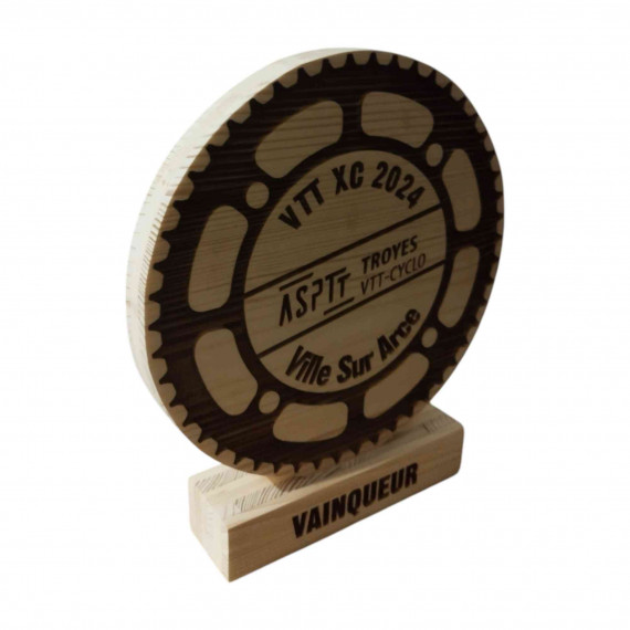 Trophée en bois rond personnalisé gravé au laser, VTT XC 2024 Ville-sur-Arce, pignon vélo, inscription Vainqueur