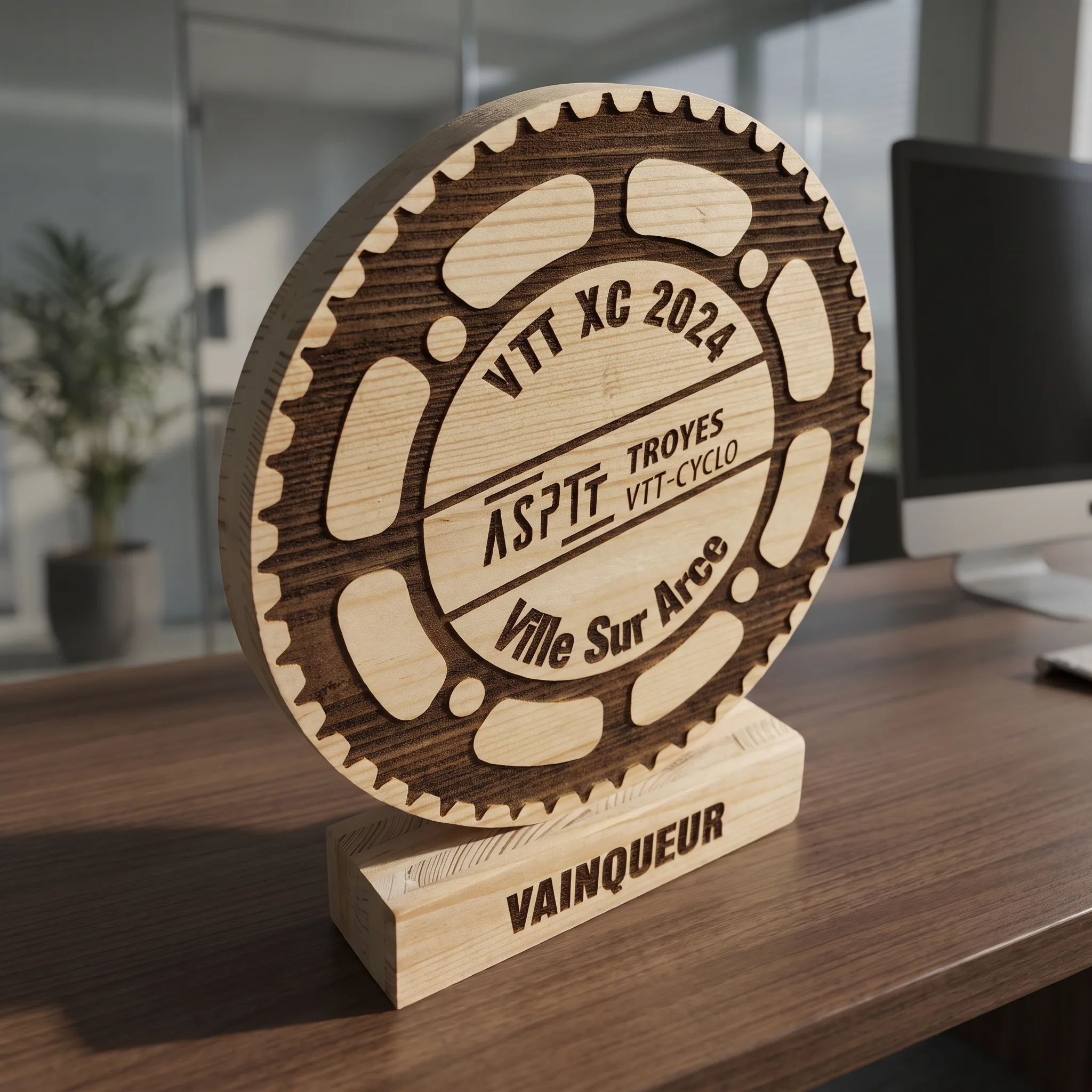Trophée en bois rond personnalisé gravé au laser, VTT, et sport outdoor