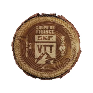 Trofeo rondella di legno naturale inciso al laser Coppa di Francia DH VTT
