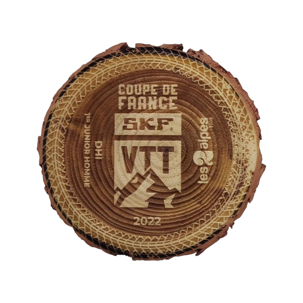 Trofeo rondella di legno naturale inciso al laser Coppa di Francia DH VTT