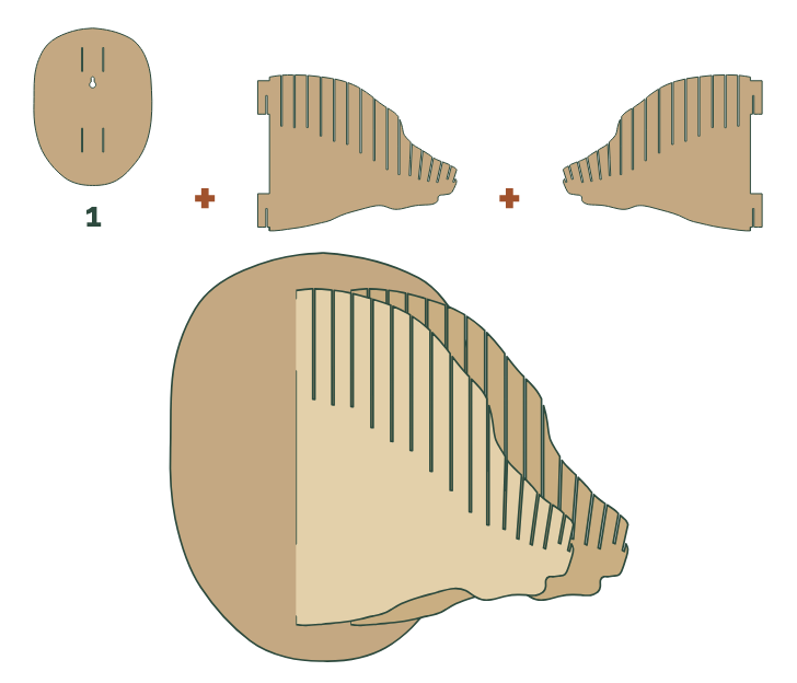 La base n.º 1 y las dos piezas de perfil de la cabeza de oso, insertadas en perpendicular en sus ranuras