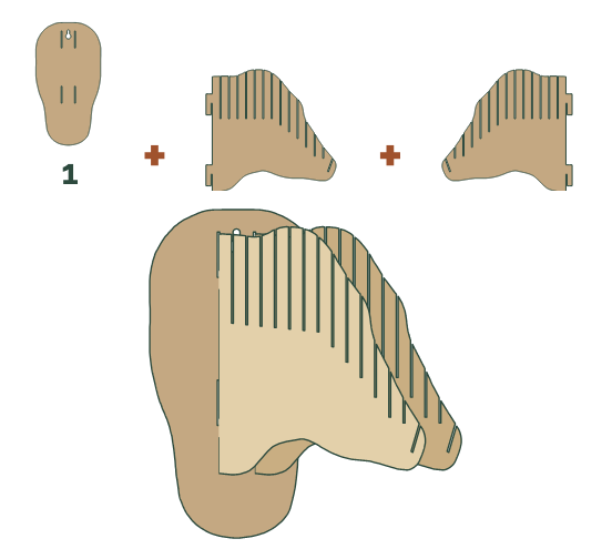 La base n.º 1 y las dos piezas de perfil de la cabeza de toro, insertadas en perpendicular en sus ranuras